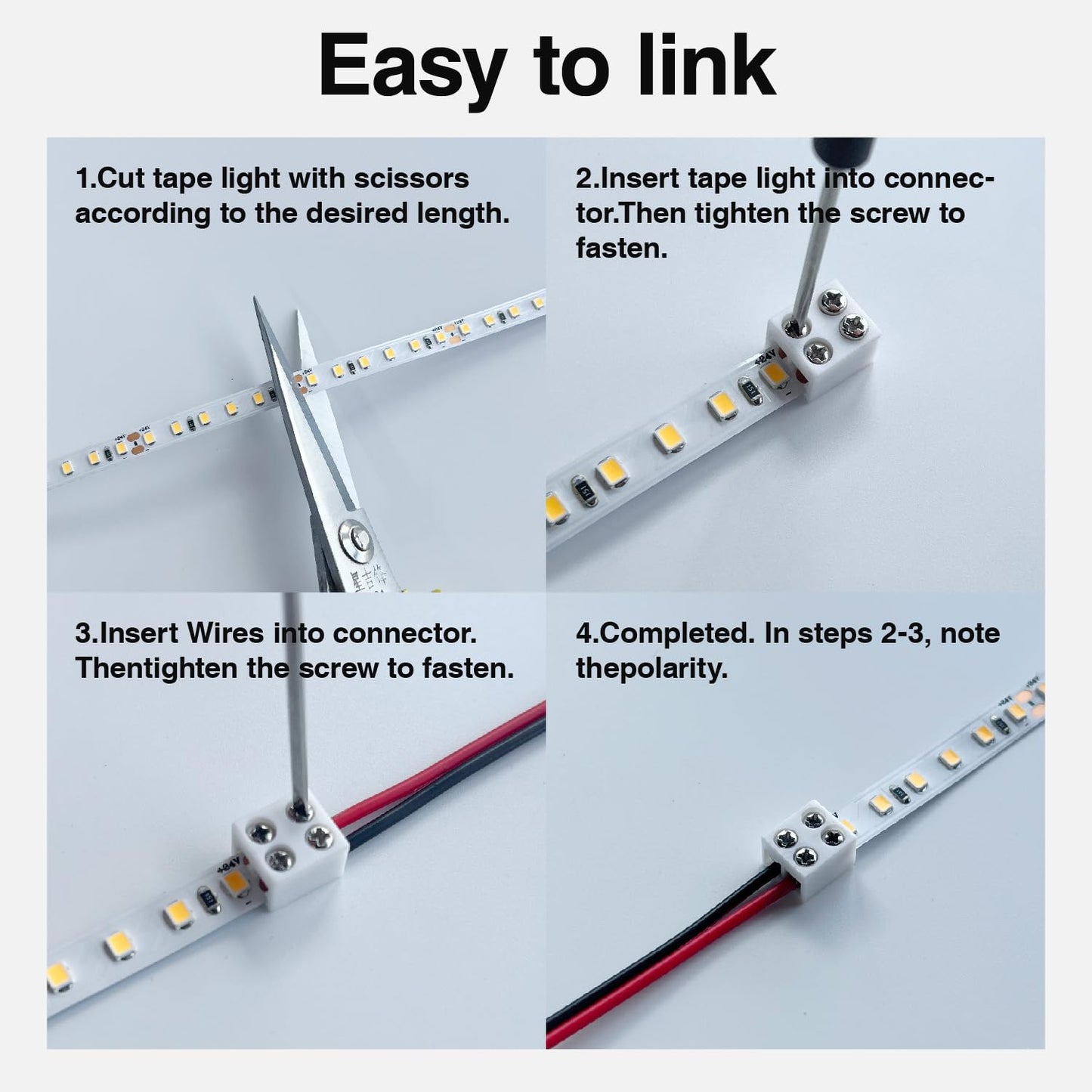 CEZELUX - Paquete de 12 conectores de tira de luz LED de 8 mm, 2 pines, sin soldadura, blanco de 12 V, conectores de luz a cable para tira de luces LED de 5 V, 24 V, solo color, incluye