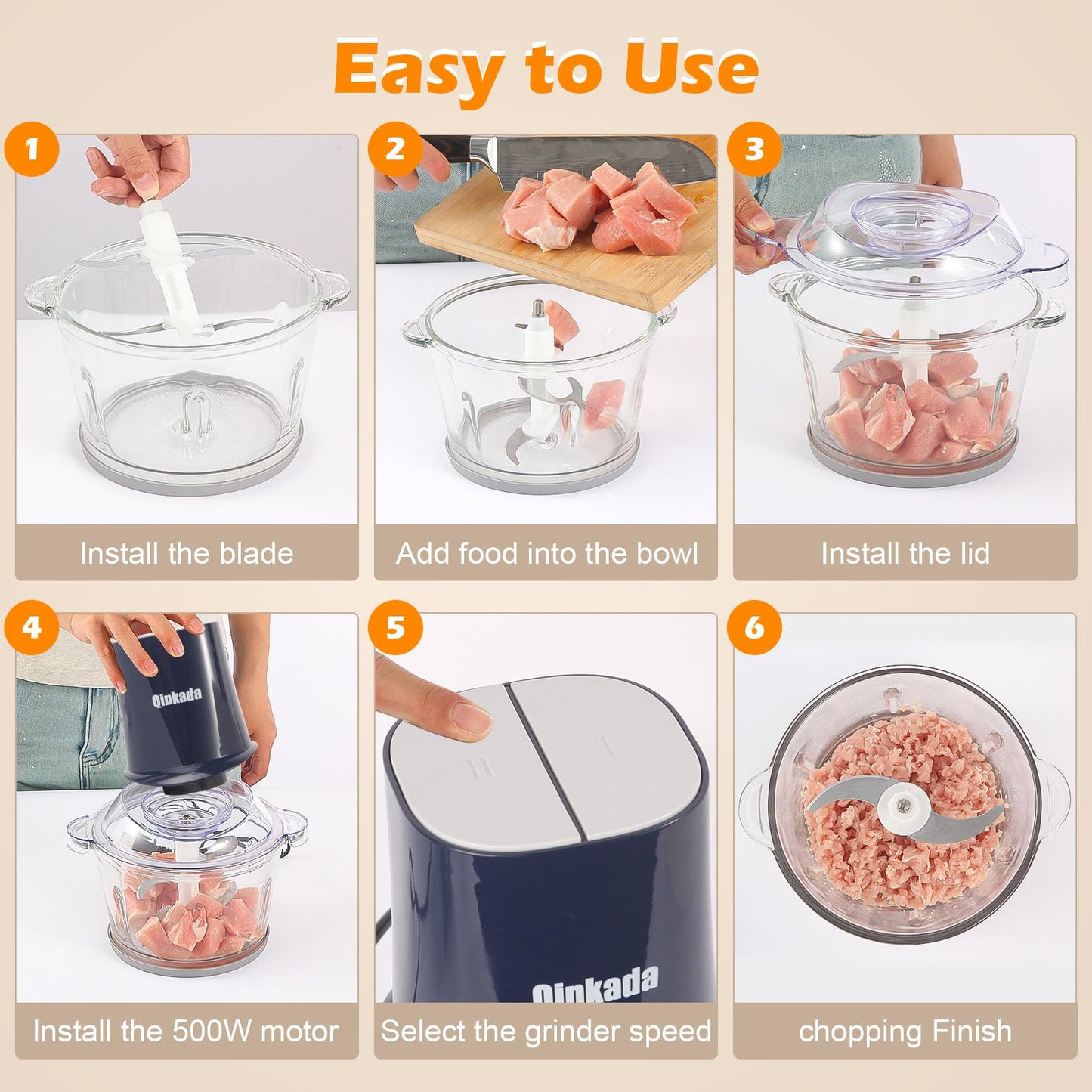 Procesador de Alimentos Qinkada Plateado con Molinillo de Carne y Cuencos de Vidrio e Inoxidable