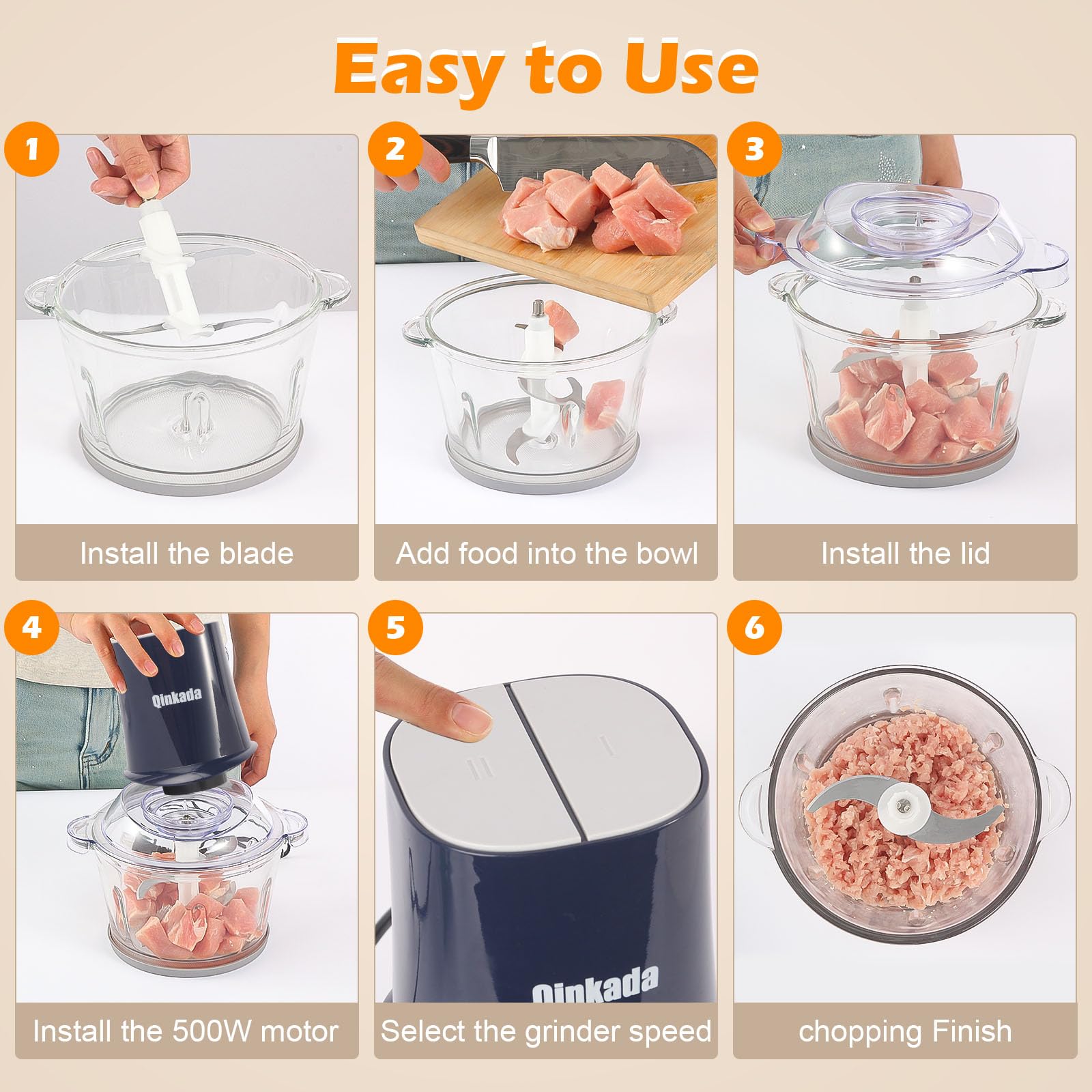 Procesador de Alimentos Qinkada Plateado con Molinillo de Carne y Cuencos de Vidrio e Inoxidable