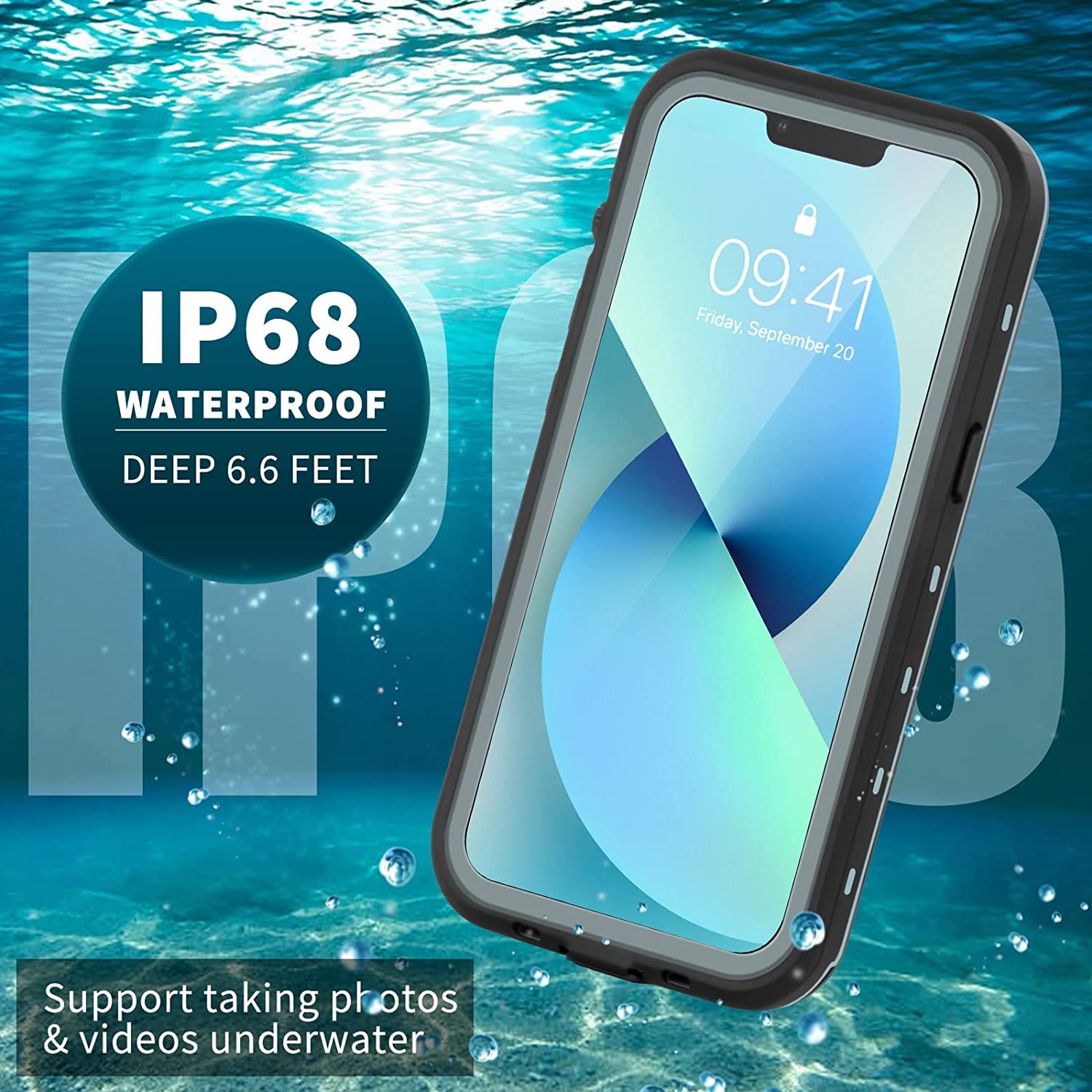 Hertekdo Funda para iPhone 13, Funda Impermeable IP68 para iPhone 13, iPhone 13 Funda con Kickstand, Carcasa Protección Resistente Impactos TPU+PC Case, Adecuado para Buceo, Natación, Senderismo