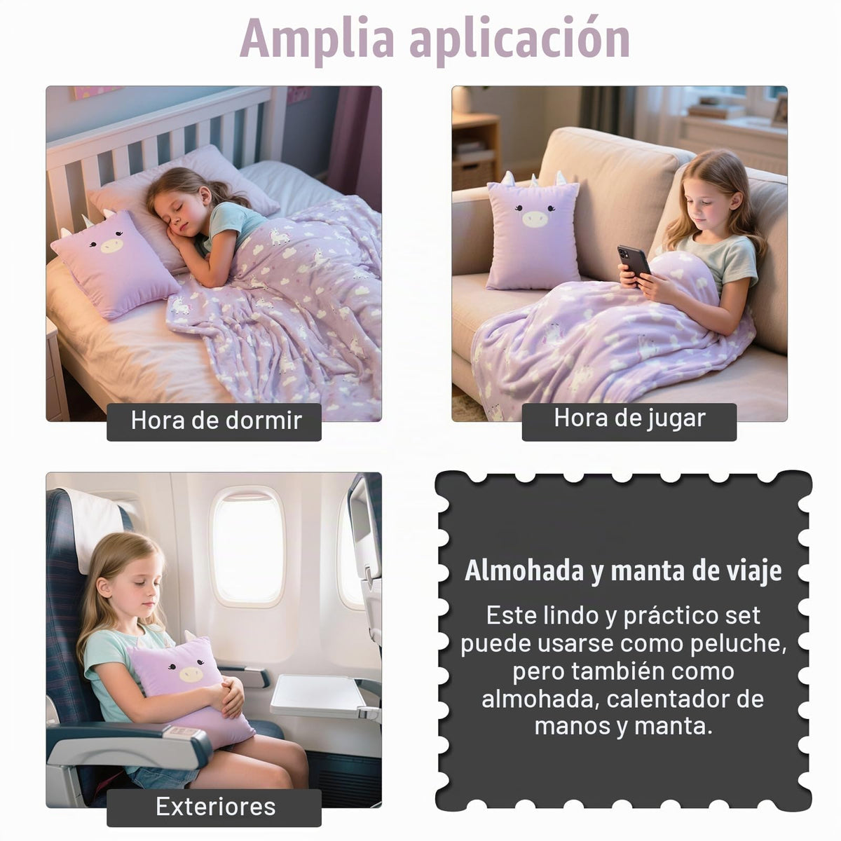 VigorSpring - Juego de almohada y manta de viaje para niños, diseño de unicornio