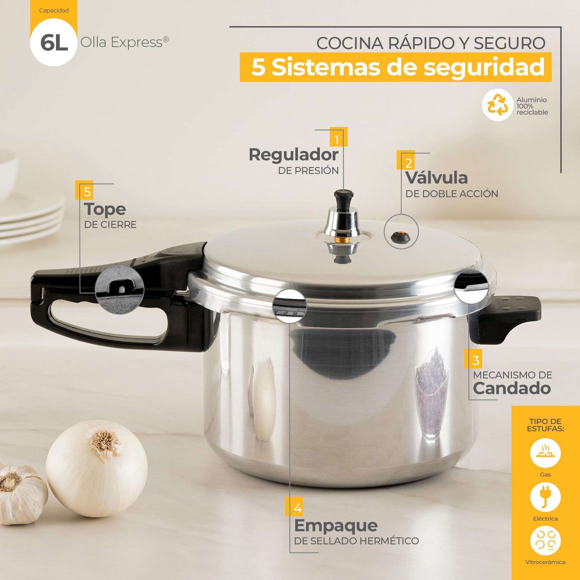 Ekco | Olla Express One 6 Litros con 6 Sistemas de Seguridad de Aluminio