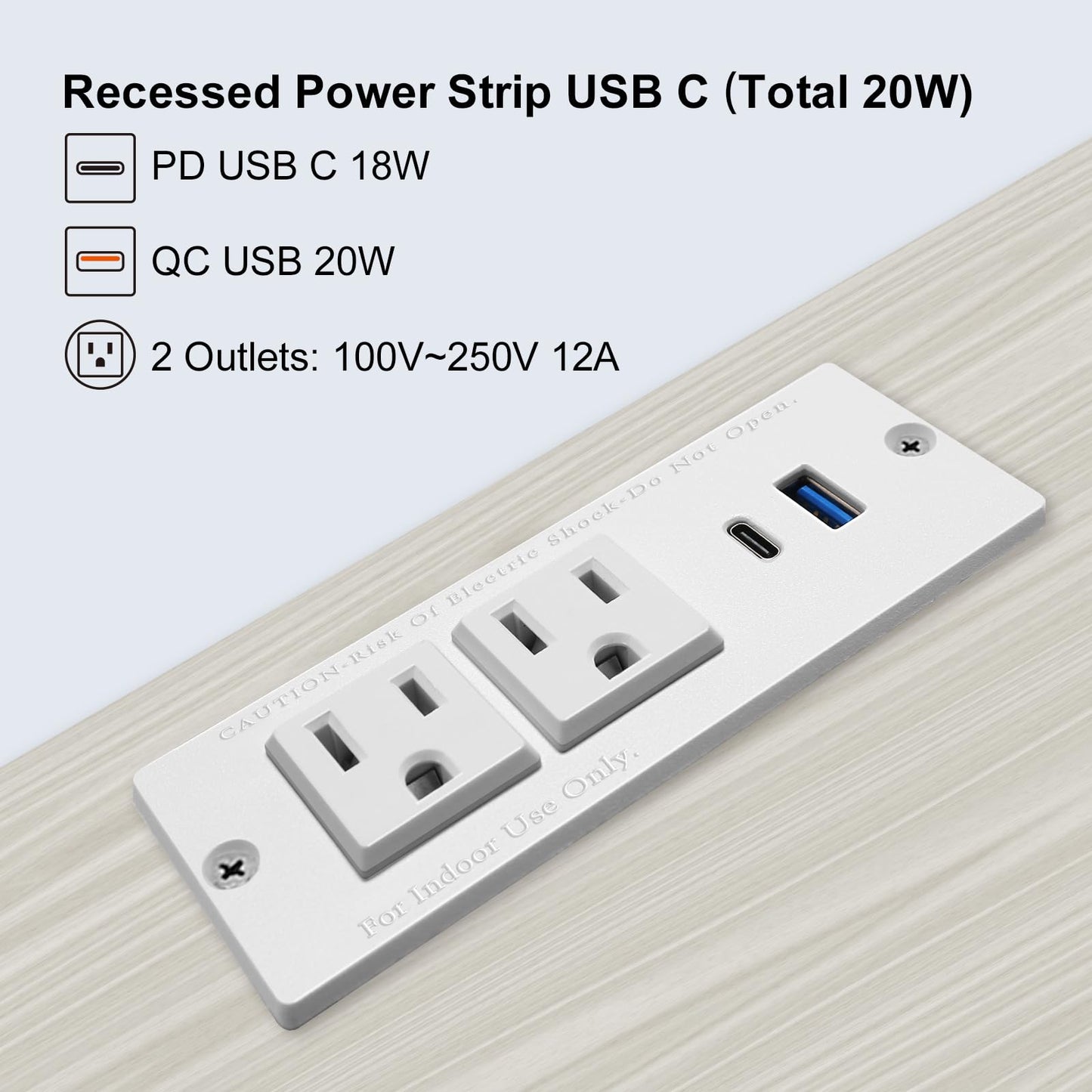4 LEAF Tira Alimentación Empotrada USB C Carga Rápida 2 Toma 2 USB (PD20W y QC18W, Total 20W) Montaje Cable Extensión Enchufe Plano para Mesa de Sofá, Gabinete Mesita de Noche (USB C Blanco)