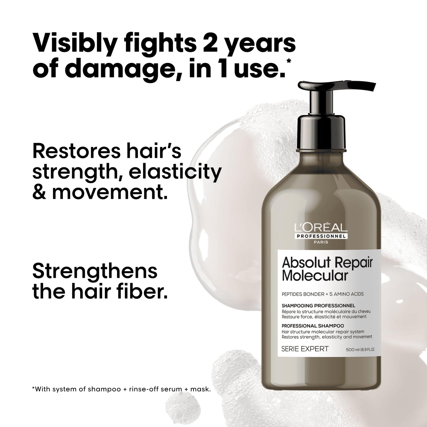 L'Oréal Professionnel Absolut Repair Molecular Shampoo | Shampoo reparador molecular | Libre de sulfatos | Para cabello muy dañado | Con tecnología 2% reparador de péptidos + 5 aminoácidos | Repara el cabello y restaura su fuerza | Repara la estructura mo