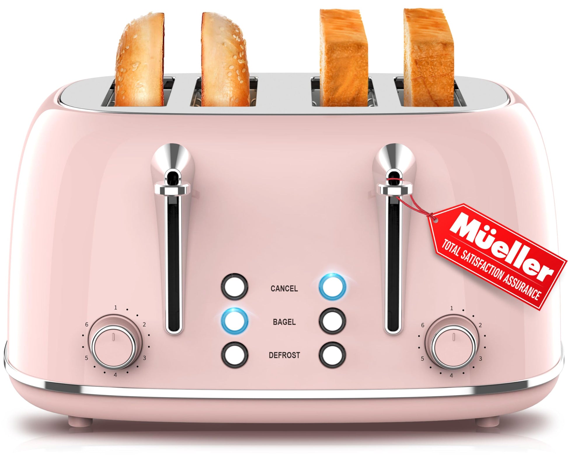 Mueller Retro Toaster 4 Slice with Extra Wide Slots Bagel, Defrost, Reheat, Cancel Function, 6 Browning Levels, Dual Independent Control Panel, Removable Crumb Tray and High Lift Lever, Pink