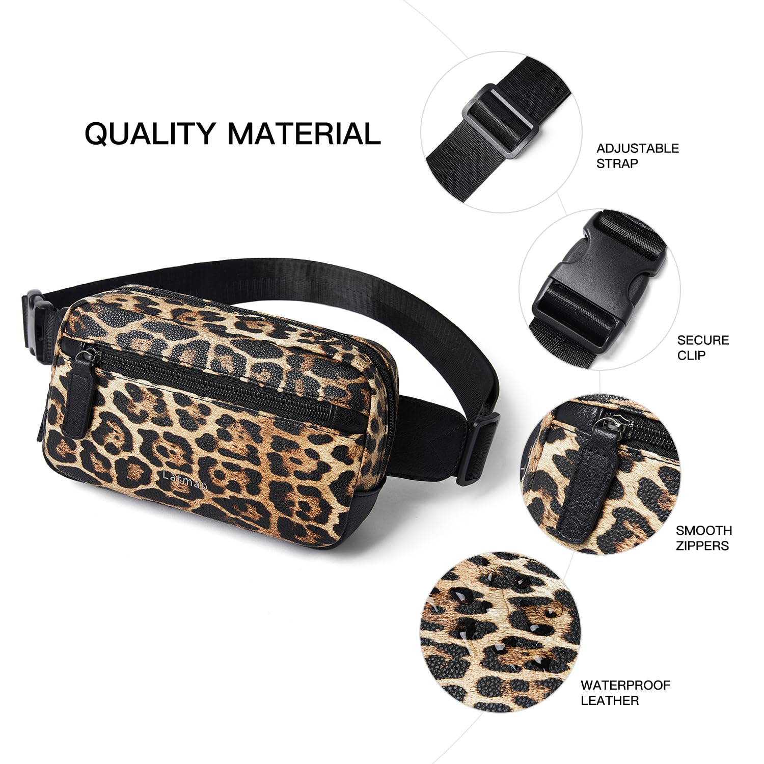 LATMAP - Riñonera de 2 L para todas partes, pequeña y a la moda, bandolera de piel sintética, impermeable, para mujer, a la moda, Impresión de leopardo, 8 inches x 5 inches x 2.75 inches