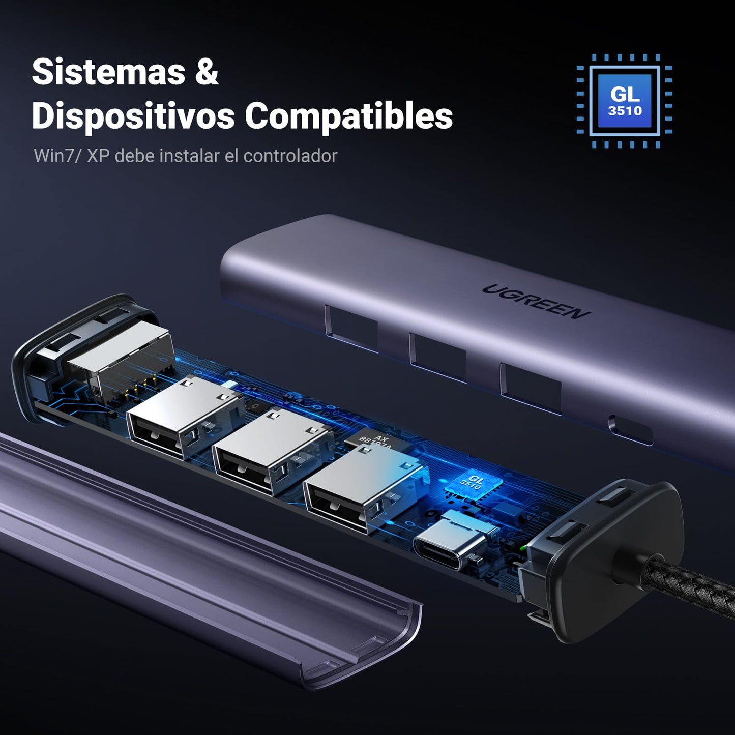 UGREEN Hub USB Ethernet 1000Mbps, Hub RJ45 con 3 Puertos USB 3.0 y Puerto de Alimentación Tipo C, Adaptador Red Compatible con Laptop, PC, MacBook, Surface XPS Windows Linux MacOS, etc