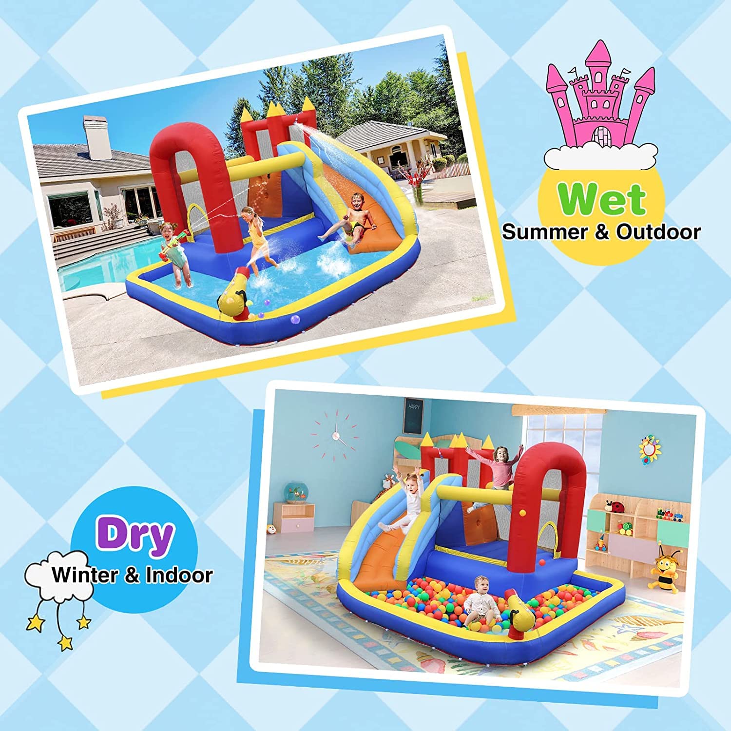 Casa Inflable Infantil JOYLDIAS Multicolor con Tobogán y Piscina para Niños