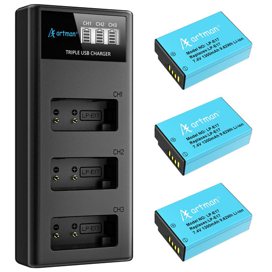 Artman Pack de 3 Baterías LP-E17 1300mAh y Cargador LCD de 3 Canales para Canon EOS RP R10 R8 R50 Rebel T6i T7i T8i T6s SL2 SL3 EOS M3 M5 M6 200D 77D 750D 760D 800D 8000D Kiss X8i Cámara