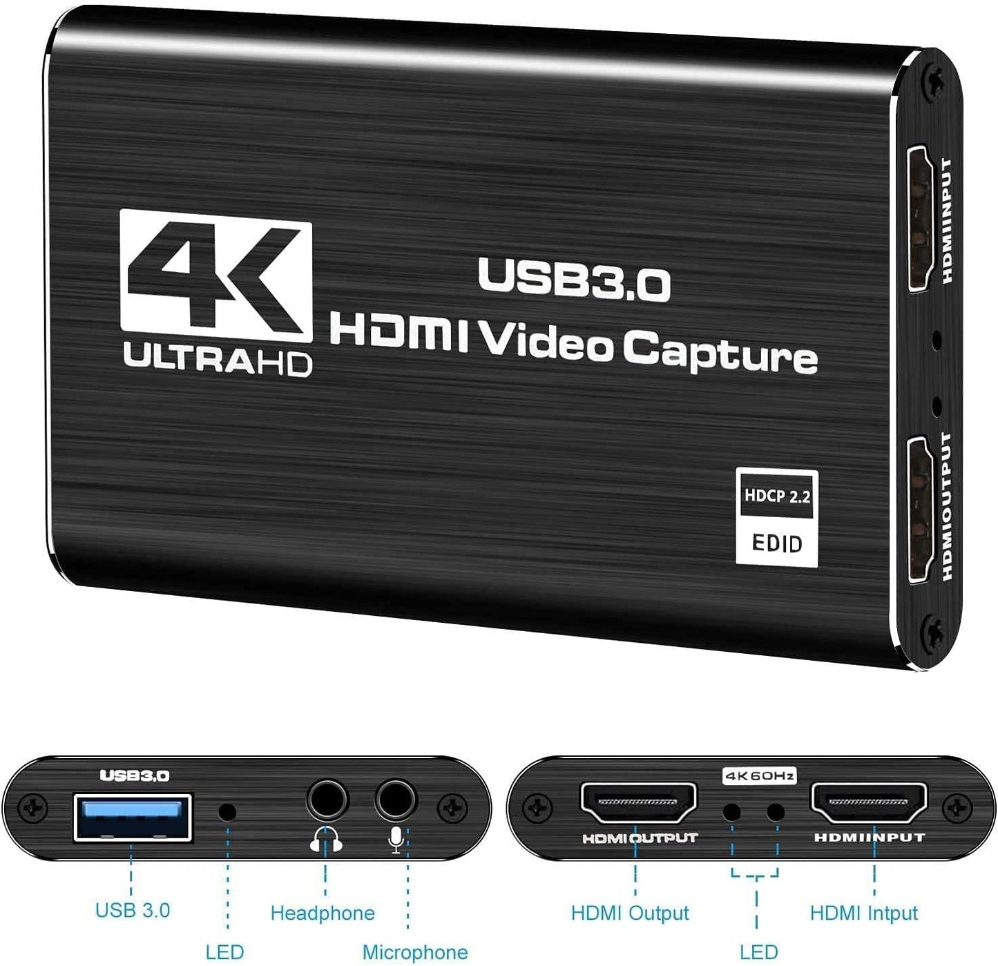 capturadora de Video, Tarjeta de Captura de Video HDMI 4K, USB3.0 1080P 60FPS Dispositivo de Captura de Video, Tarjeta de Captura de Juegos para transmisión, Funciona con Nintendo Switch, Xbox Series