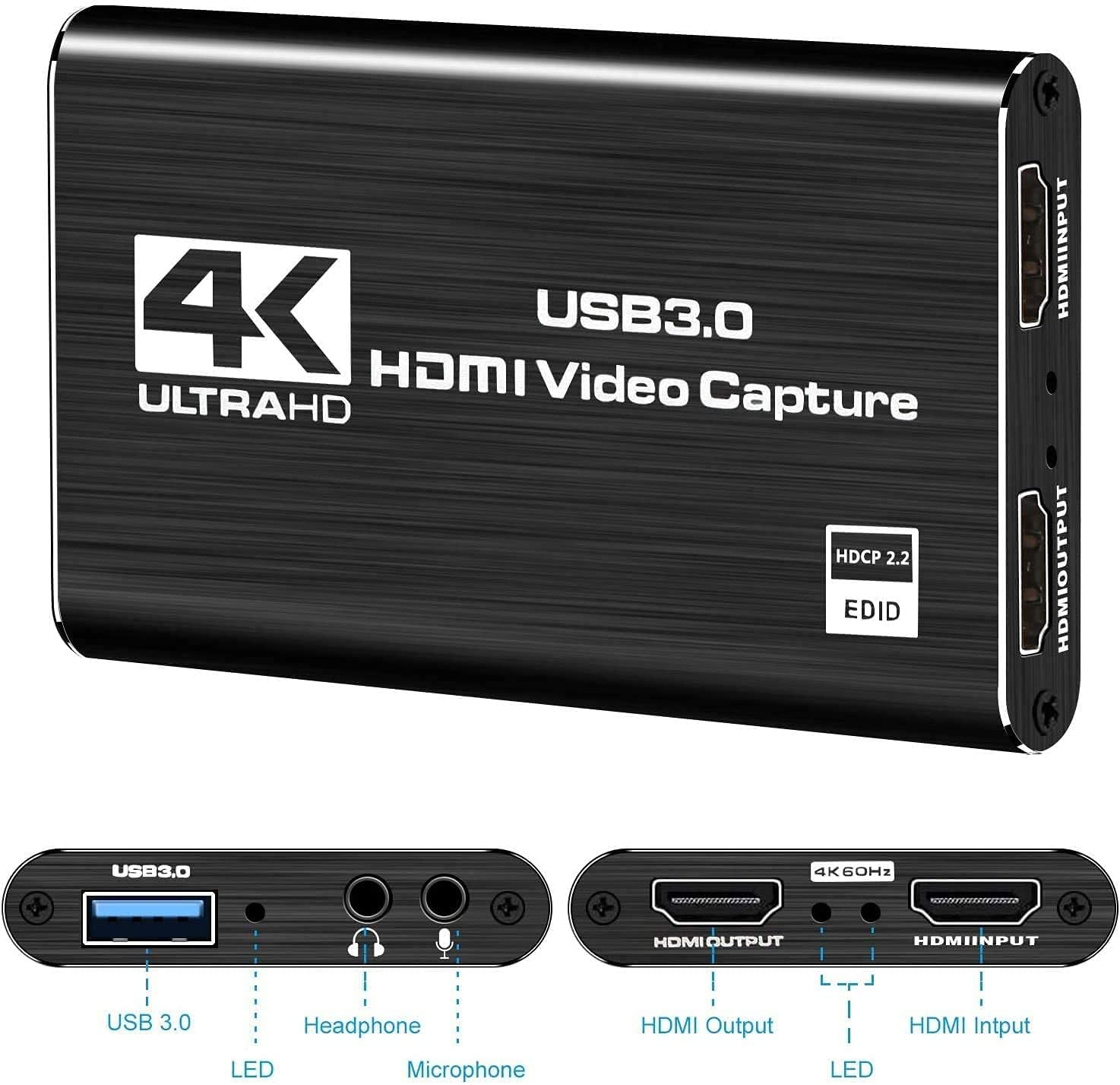 capturadora de Video, Tarjeta de Captura de Video HDMI 4K, USB3.0 1080P 60FPS Dispositivo de Captura de Video, Tarjeta de Captura de Juegos para transmisión, Funciona con Nintendo Switch, Xbox Series