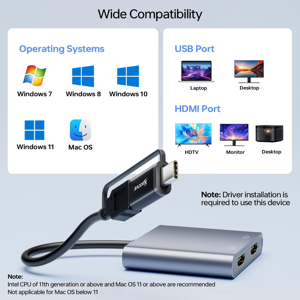 Adaptador USB a HDMI Dual KCEVE en Negro con Multipuerto Splitter Compatible con 1080p para Windows y M1/M2 Mac OS