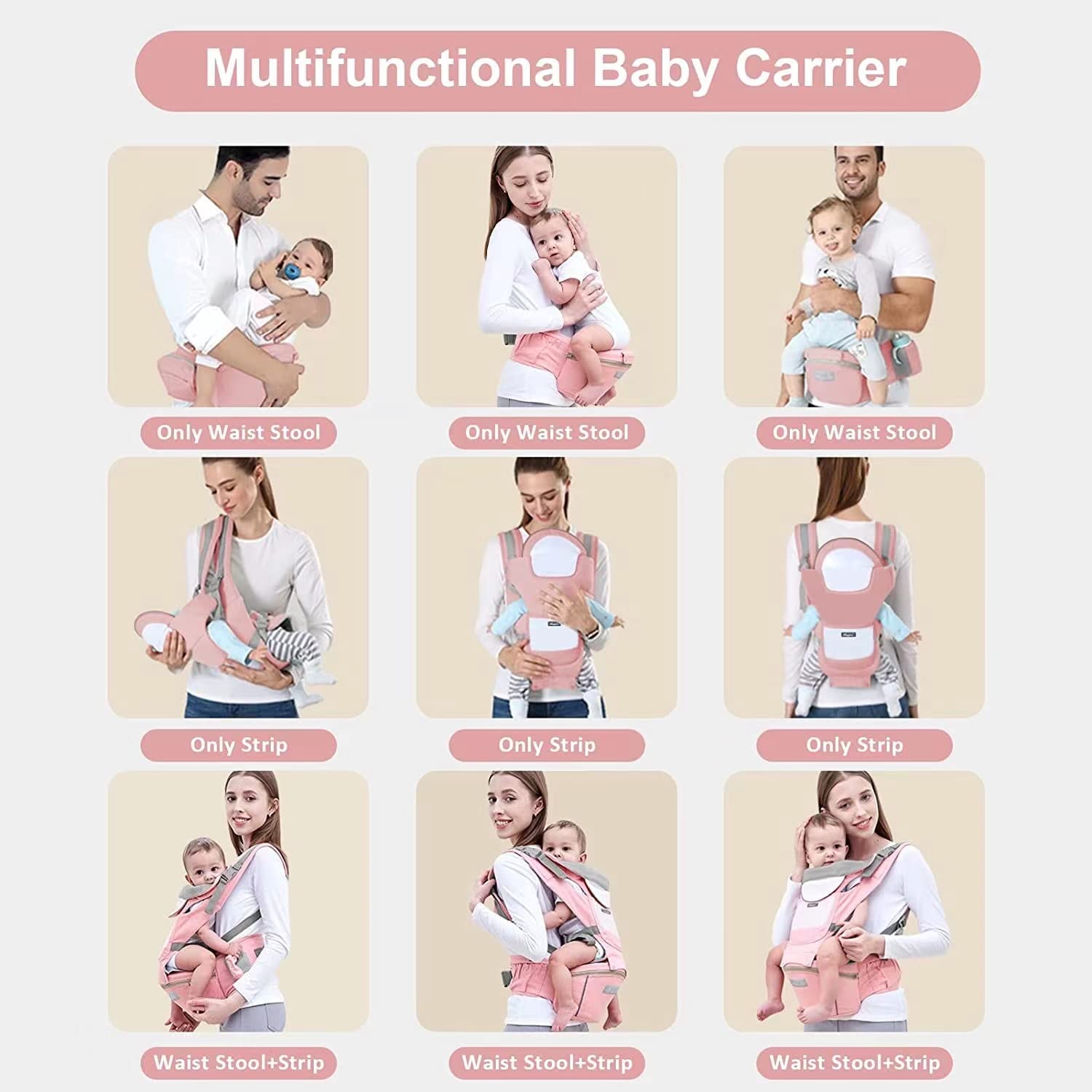 Mochila Portabebé Algodón Puro Ligera y Transpirable Gris con Asiento de Cadera Ajustable para Niños de 0 a 36 Meses