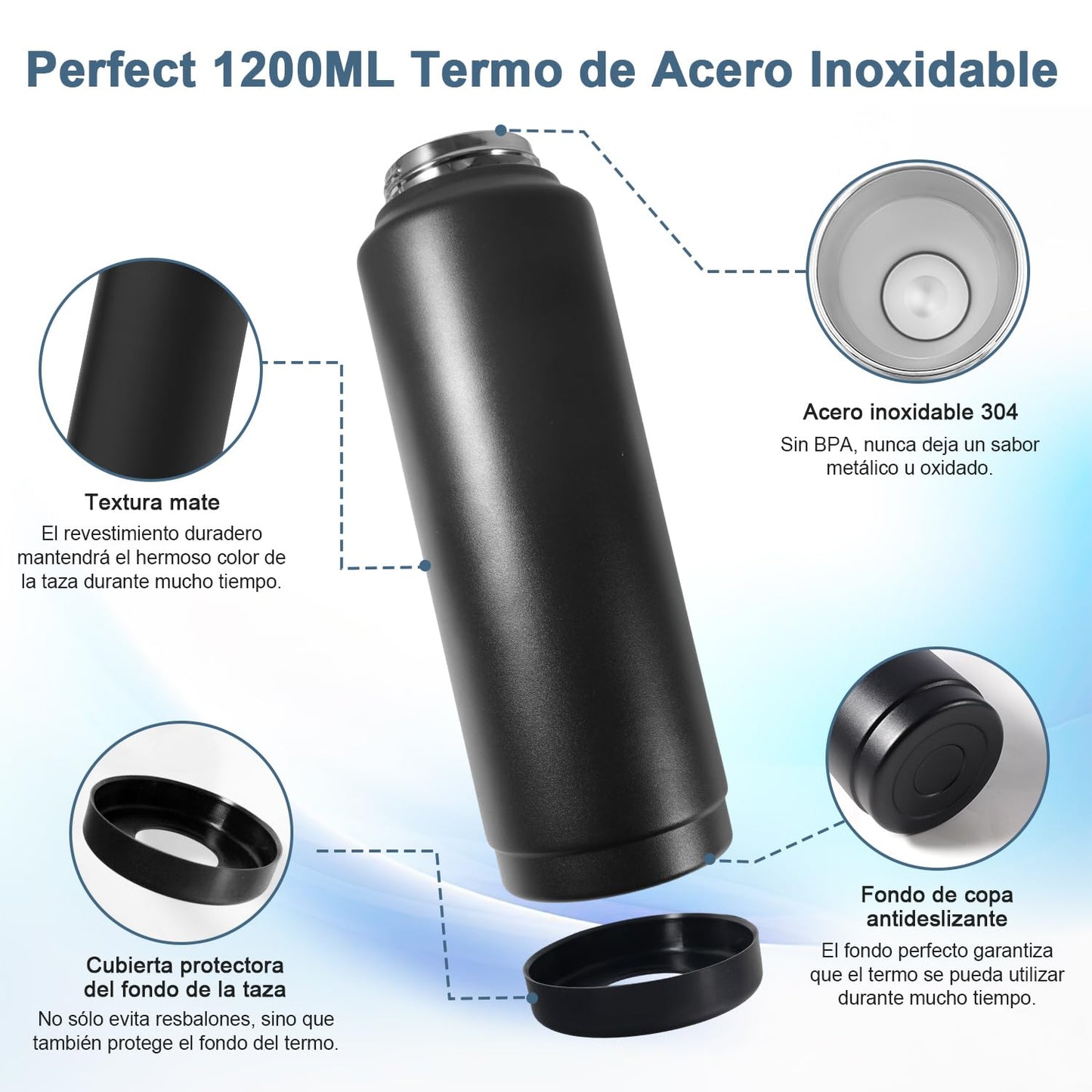 Botella Térmica de Acero Inoxidable 1200ml-Termo para Agua Fría con Tapa de Taza y Asa Portátil, Doble Aislamiento 24 Horas Frío, Sellado Hermético, Diseño Antigoteo para Deportes (Negro,1.2 Litros)