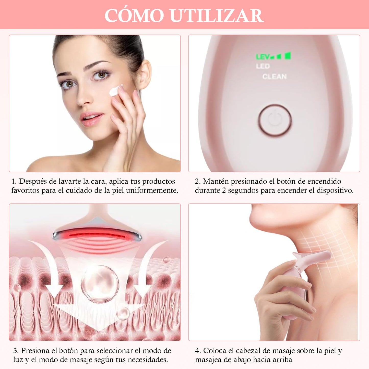 Masajeador Facial Cuello, Antiarrugas Masajeador de Belleza con 7 Modos, Máquina Belleza Facial Electrico con Luz LED, Limpieza profunda, Antienvejecimiento,cuidado facial recargable por USB