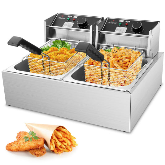 Freidora comercial – Freidora eléctrica de 3400 W con cestas de 2 x 6.35 cuartos de galón de acero inoxidable de 0.6 mm de espesor, 20.7 cuartos de galón de gran capacidad con limitador de temperatura