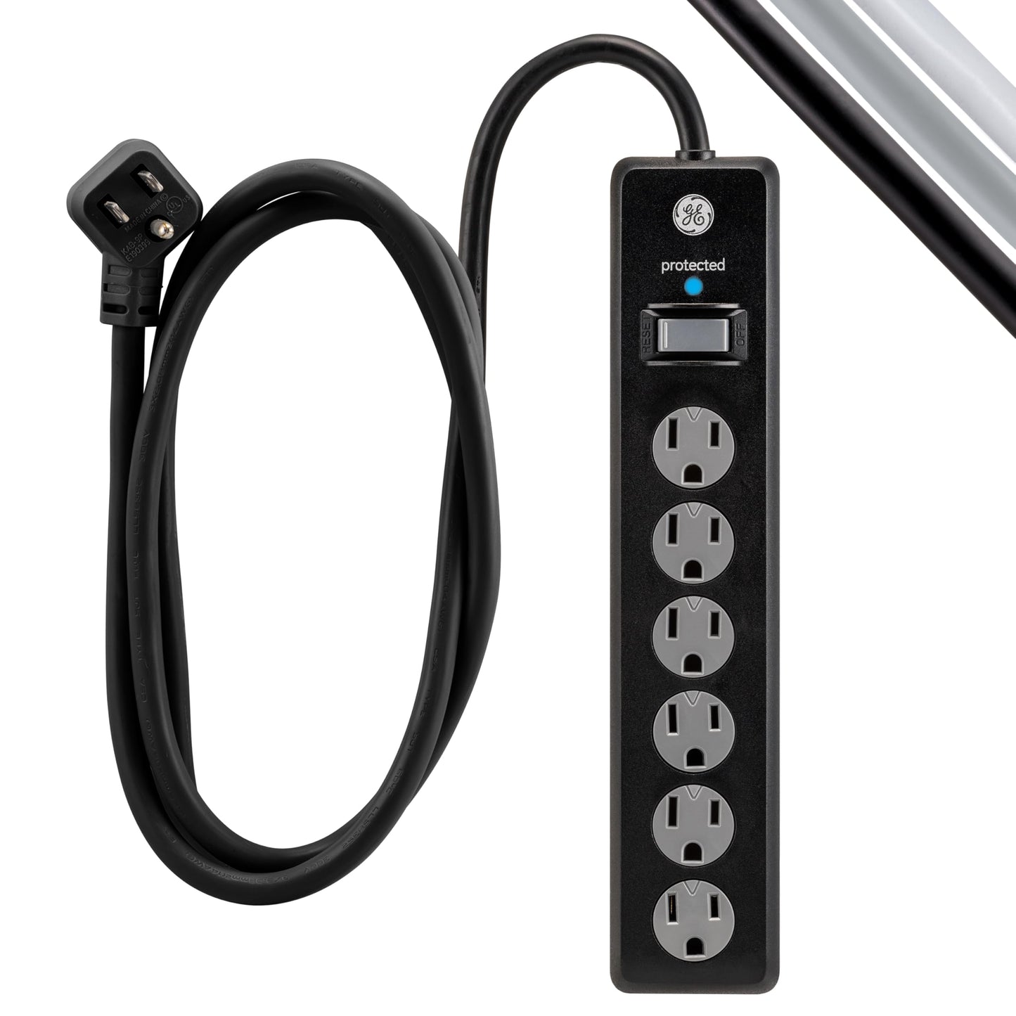 GE Tira Multicontactos De 6 Salidas con Supresor De Picos Y Enchufe Plano, Protector de Sobretensión, Cable De Extensión De 1.8 Metros (6 Pies), 800 Julios, Negro, 1 Unidad, 33661