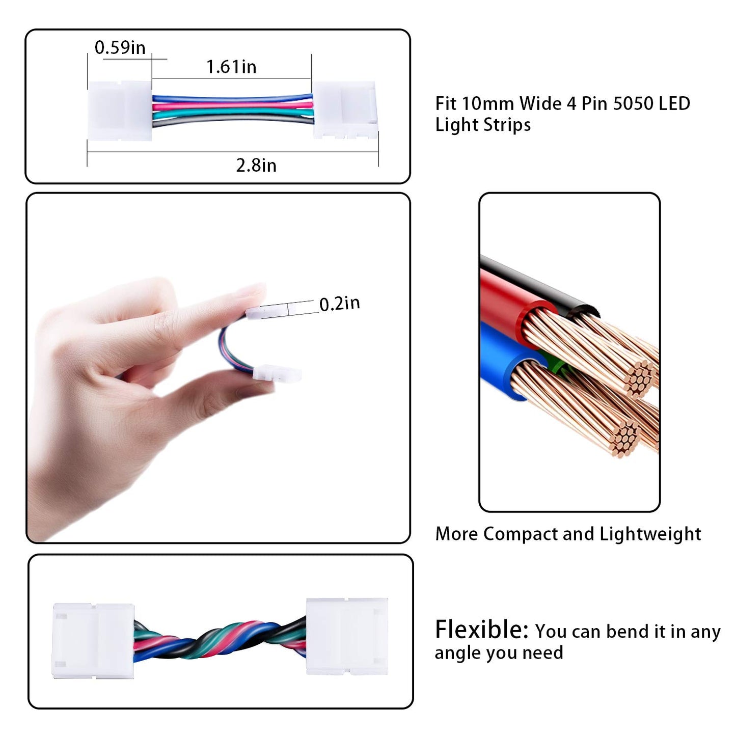 KULUNER 10 paquetes de 4 pines RGB LED tira de luces – tira a tira de 10 mm adaptador sin soldadura de extensión de terminal para tira de LED SMD 5050 multicolor (10 paquetes de 4 pines RGB conectores)