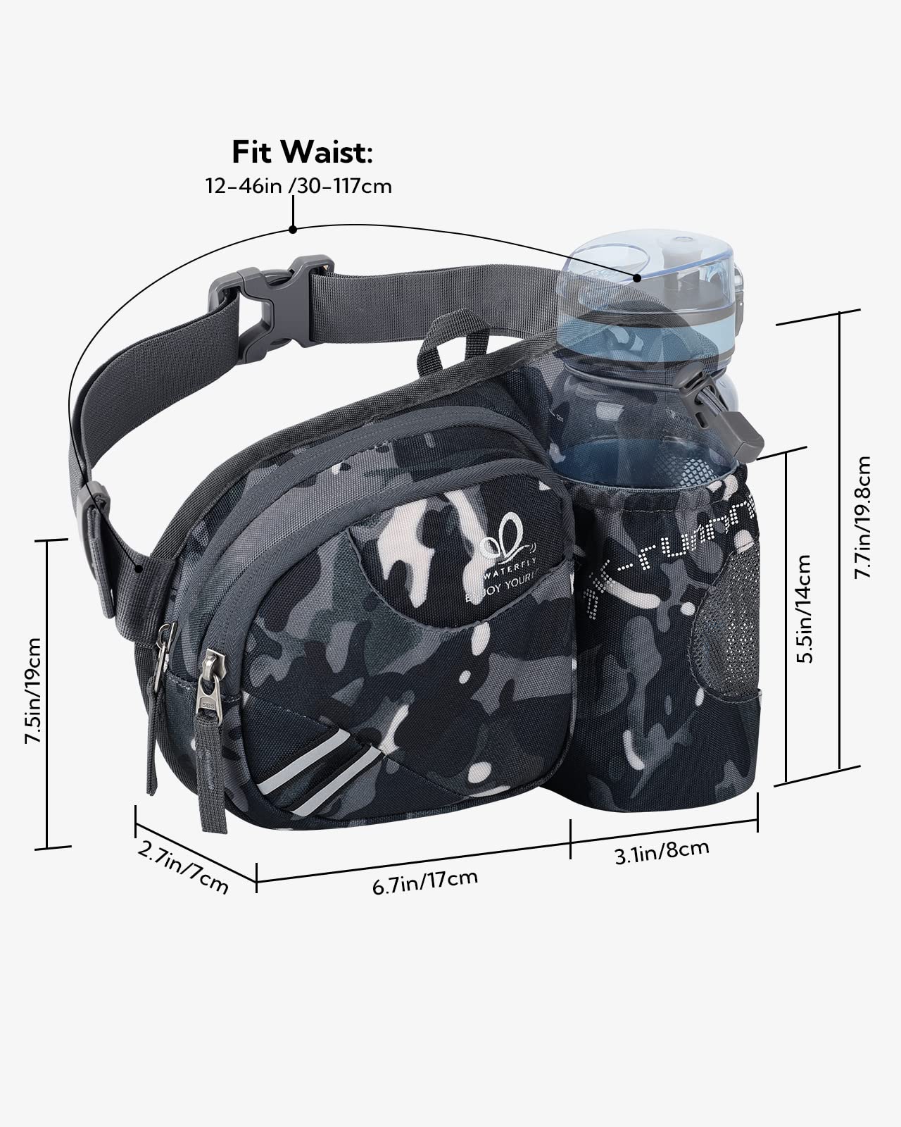 Riñonera WATERFLY Negro Deportiva con Soporte para Botellas para Mujer y Hombre