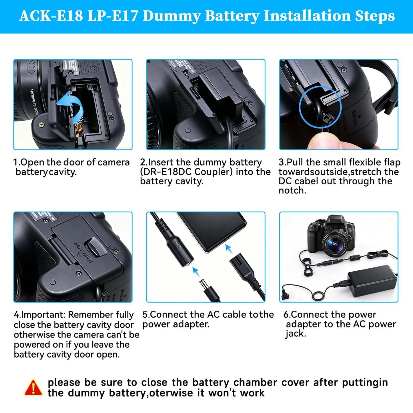 TKDY ACK-E18 AC Power Adapter Suppply DR-E18 DC Coupler Charger Kit for Canon EOS Rebel T6i T6s T7i T8i SL2 SL3 750D 760D 800D 850D 77D 200D 250D Kiss X8i X9i X10i 8000D 9000D RP Cameras.