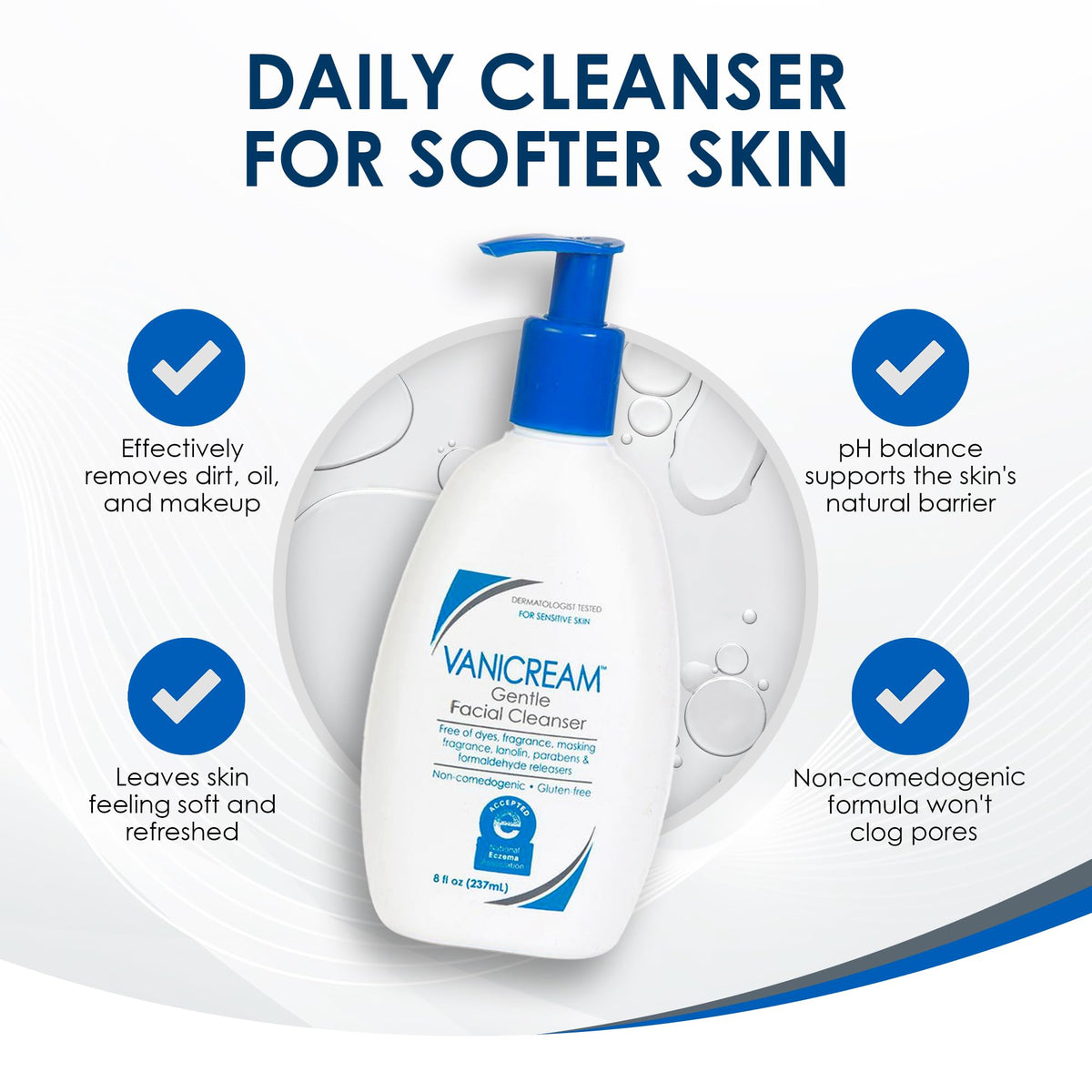 Limpiador facial suave Vanicream para pieles sensibles con dispensador de bomba, 8 onzas