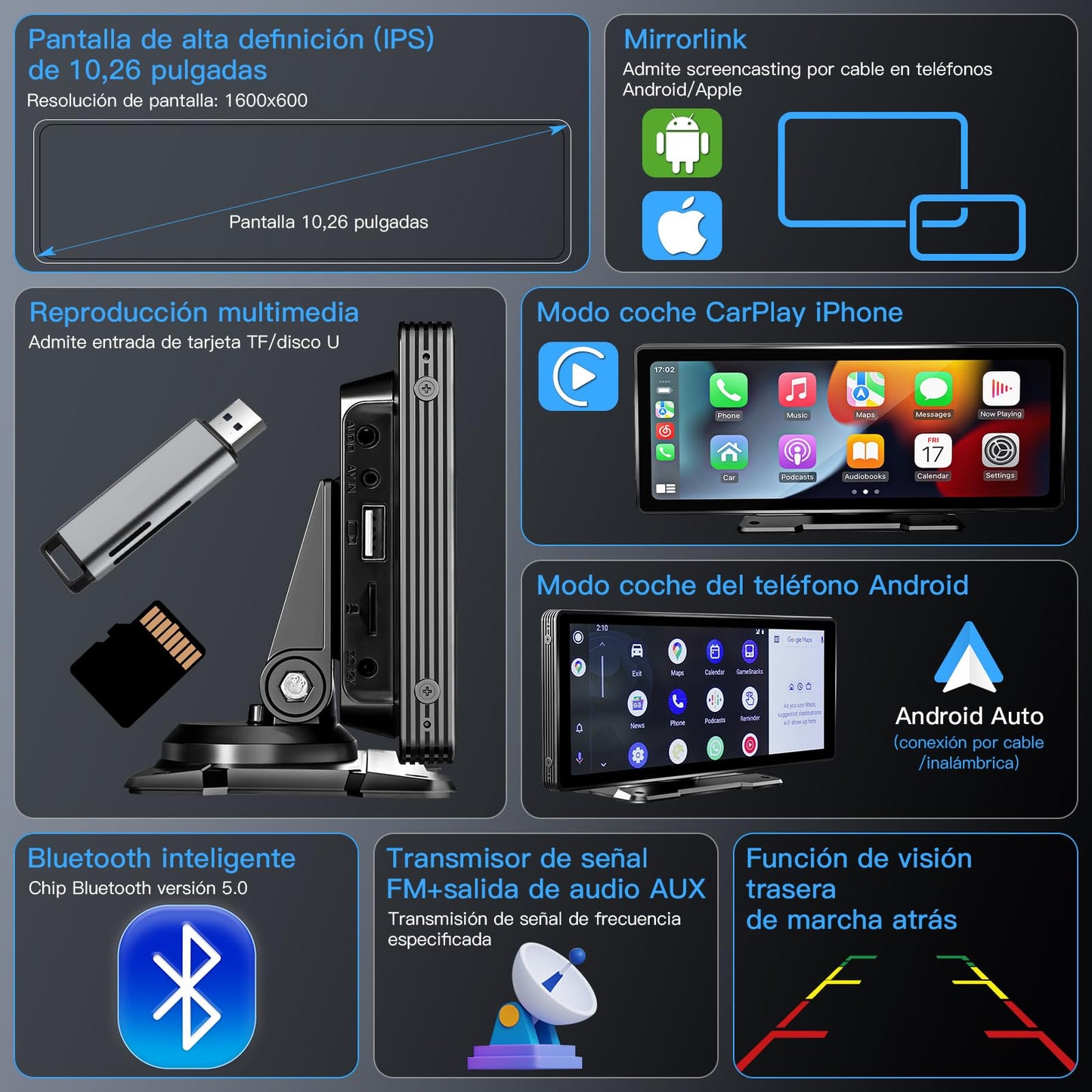 Autoestéreos para Auto de 10.26in Pantalla HD Táctil Capacitiva Portátil,Inalámbrico Apple Carplay,Android Auto,Mirror Link,Multimedia Digital MP5 Bluetooth para Coche GPS/Bluetooth/FM/AUX/TF/USB