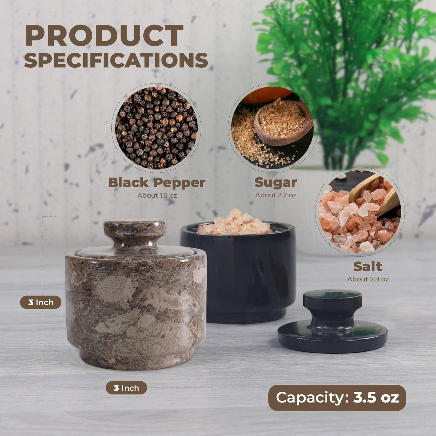 MARBLOUS KRAFTS - Sal de mármol de 3 pulgadas, soporte de sal negra y oceánica con tapa, juego de 2, cuencos de sal y pimienta hechos a mano, cuencos ideales para azúcar, sal y pimienta para
