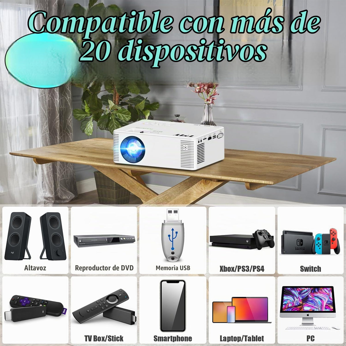 Mini Proyector Portátil TMY Beige Mejorado Full HD 1080P Compatible con Smartphone y TV Stick