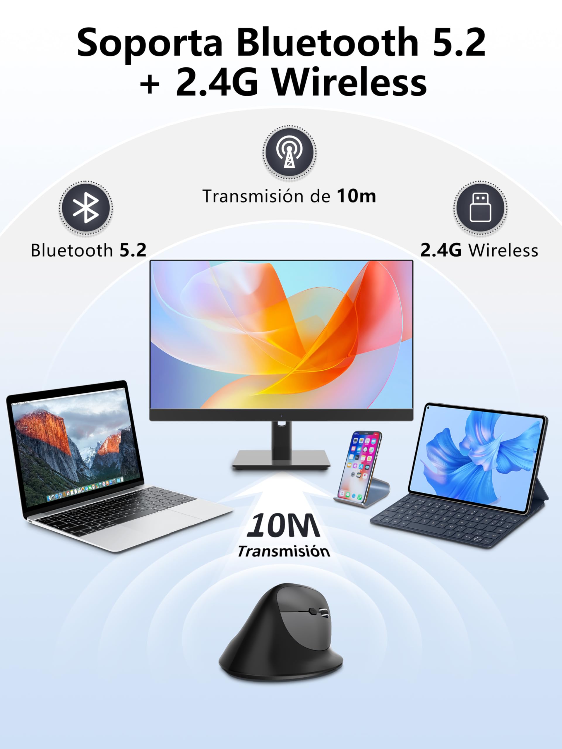 Ratón Vertical Bluetooth 5.2 Minielec Negro Ergonomía Recargable USB C 2.4Ghz 3 Niveles dpi