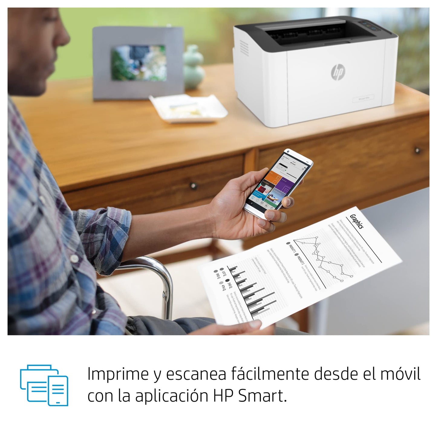 HP Impresora Laser 107w, Láser, Impresión en Negro, Wi-Fi, USB, Impresión y escanéo Smart App, Apple Air Print, Bandeja de 150 Hojas, Pantalla LED (4ZB78A)