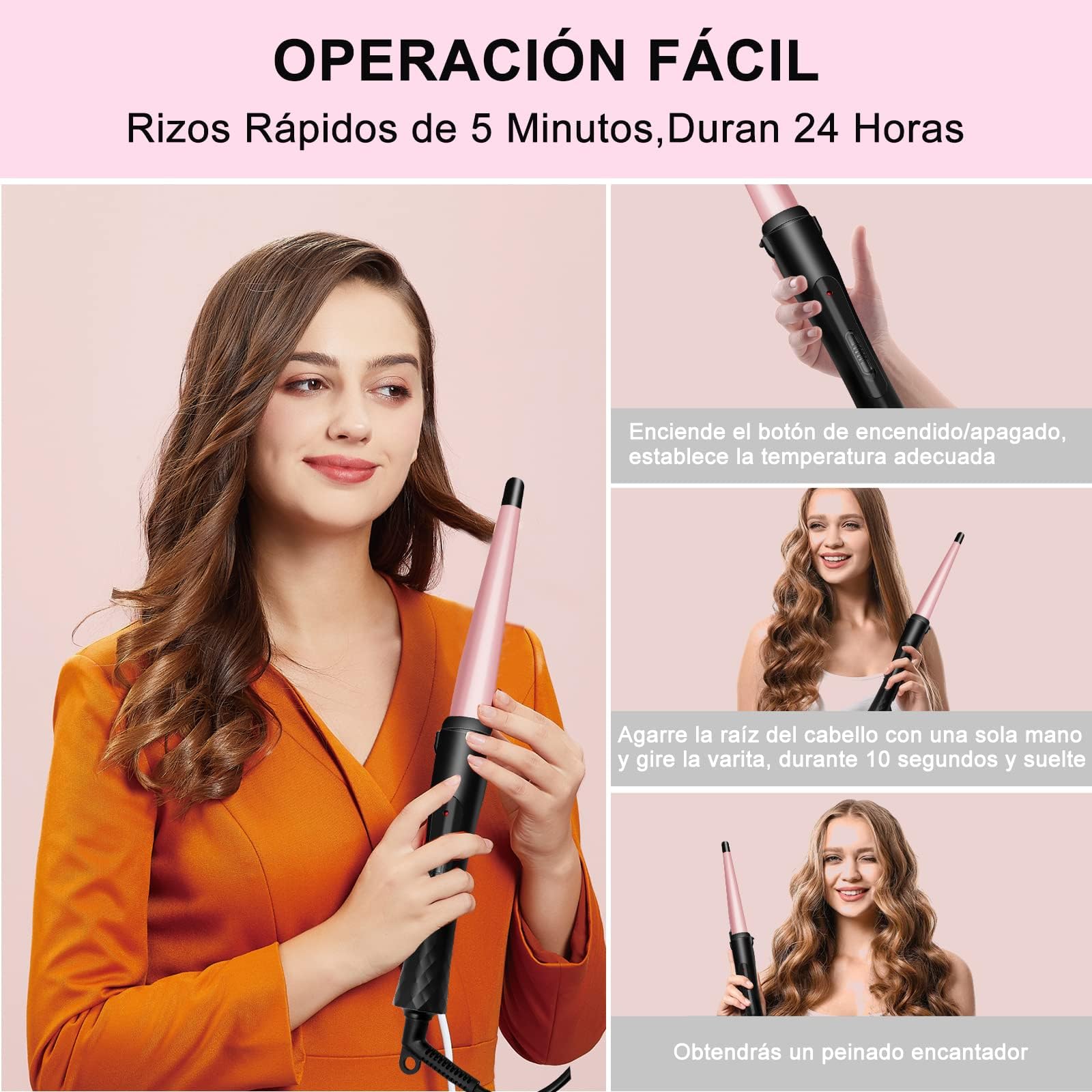 Rizador de Pelo Profesional, Moldeador Cabello de Cerámica 1 Tubo, Juego de Rizadora para Cabello con Guantes Peines y Clips, Calentamiento Rápido y Temperatura Ajustable, para Todo Tipo de Pelo