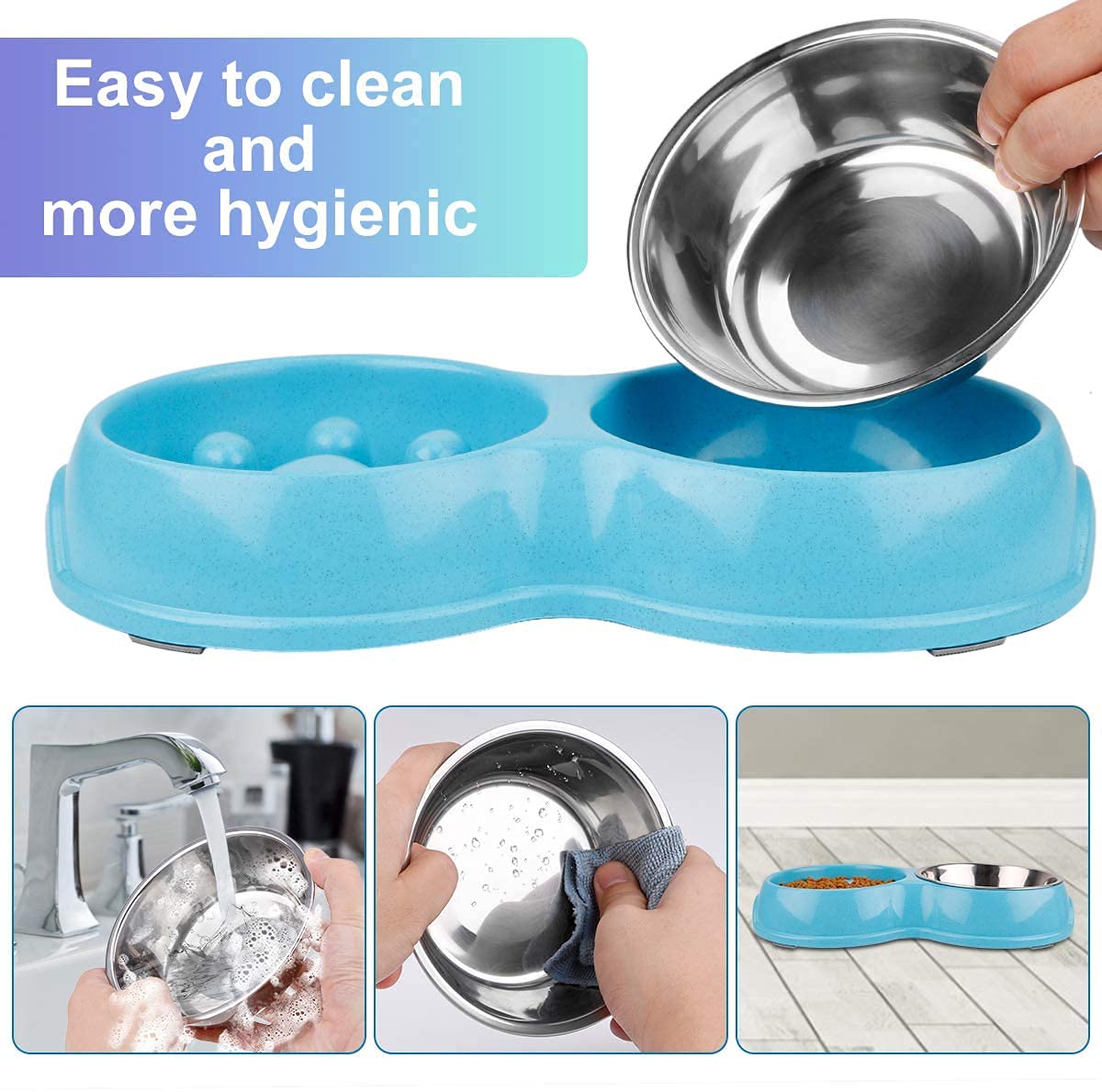 FUXINGONE Comedero para Perros y Gato, Platos para Mascota de Acero Inoxidable con tapete Antideslizante, Tazones Dobles para Agua y Comida, para Perros y Gatos (Azul)