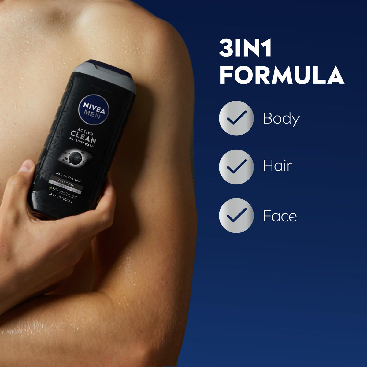 NIVEA MEN Jabon Líquido Corporal Active Clean 3 En 1 Cuerpo, Rostro Y Cabello 500ml, Para Hombre