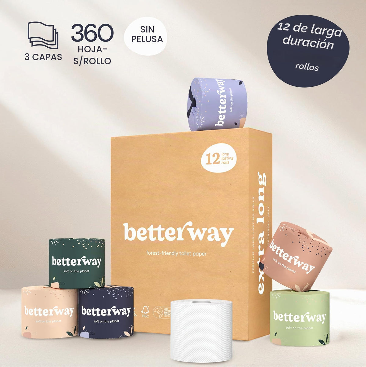 Papel Higiénico Betterway Bambú 3 Capas Sostenible y Compostable 12 Rollos Orgánico Certificado FSC