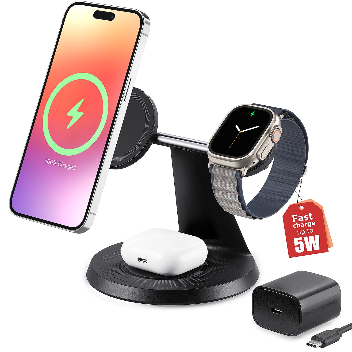 Estación de Carga Inalámbrica 3 en 1 con MagSafe para iPhone 12-16 iWatch y AirPods