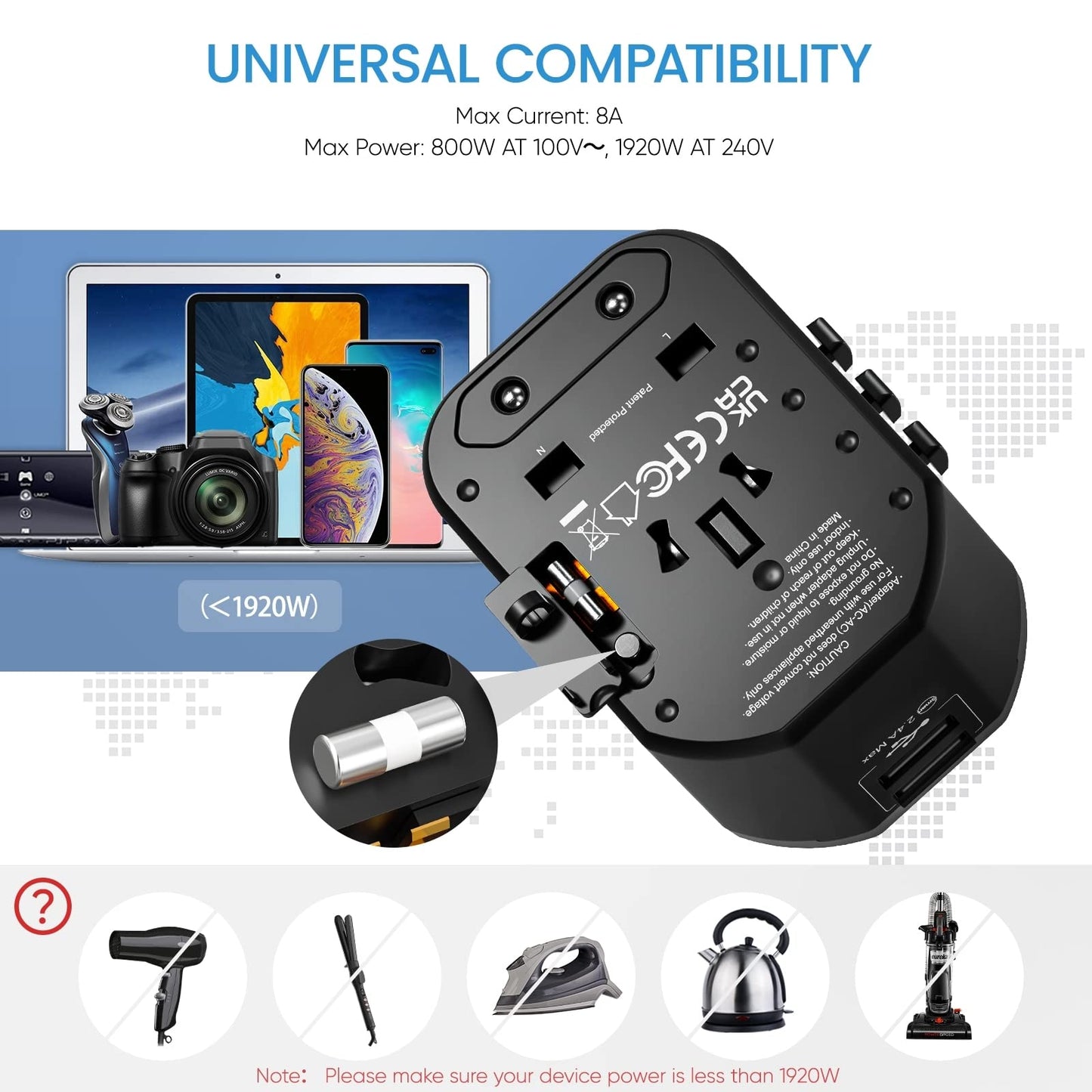 LENCENT Adaptador Enchufe de Viaje Universal, Cargador Internacional de 2 Puertos USB, Enchufe Tipo A/C/G/I para Más de 200 Países (EE. UU./Reino Unido/UE/Australia/Argentina/China), Negro
