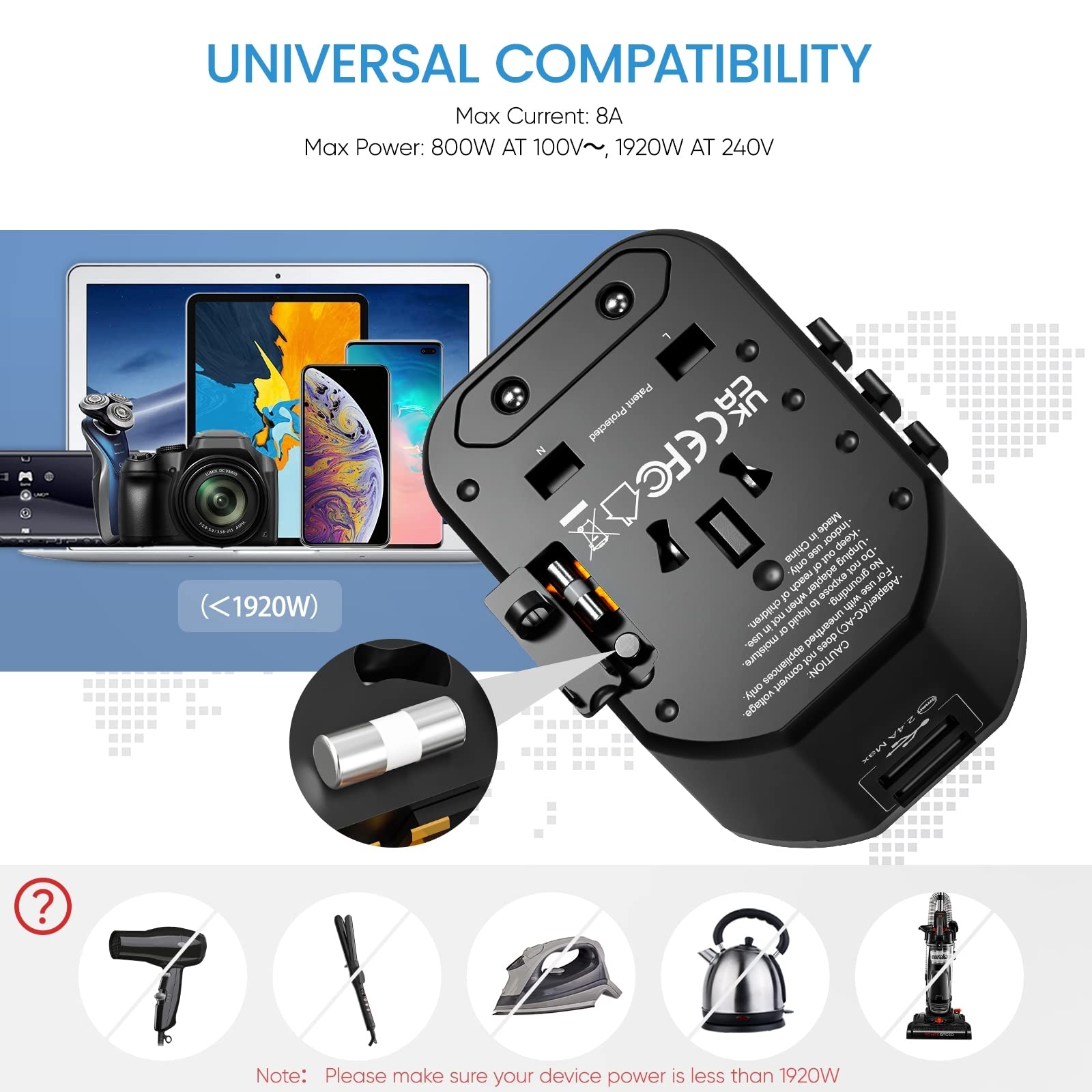 LENCENT Adaptador Enchufe de Viaje Universal, Cargador Internacional de 2 Puertos USB, Enchufe Tipo A/C/G/I para Más de 200 Países (EE. UU./Reino Unido/UE/Australia/Argentina/China), Negro