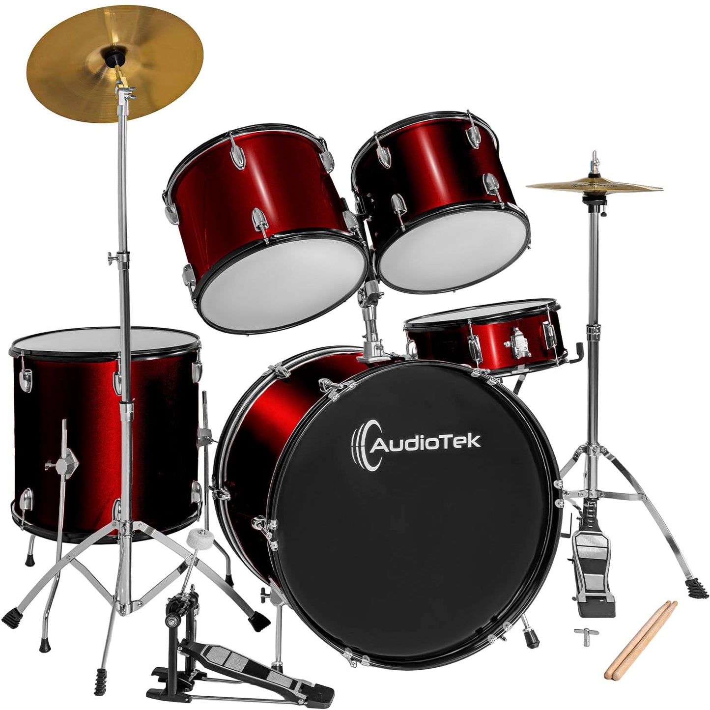 AUDIOTEK Bateria Acustica 5 Piezas Completo Platillos Atriles Bombo 23 Pulgadas Toms Redoblante Tambor de Piso Baquetas Incluidas Kit Musical Semi Profesional para Principiantes y Adultos (Rojo)