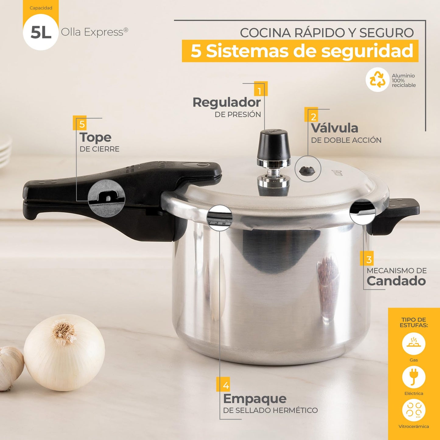 Olla Express Ekco Aluminio 5 Litros con 6 Sistemas de Seguridad