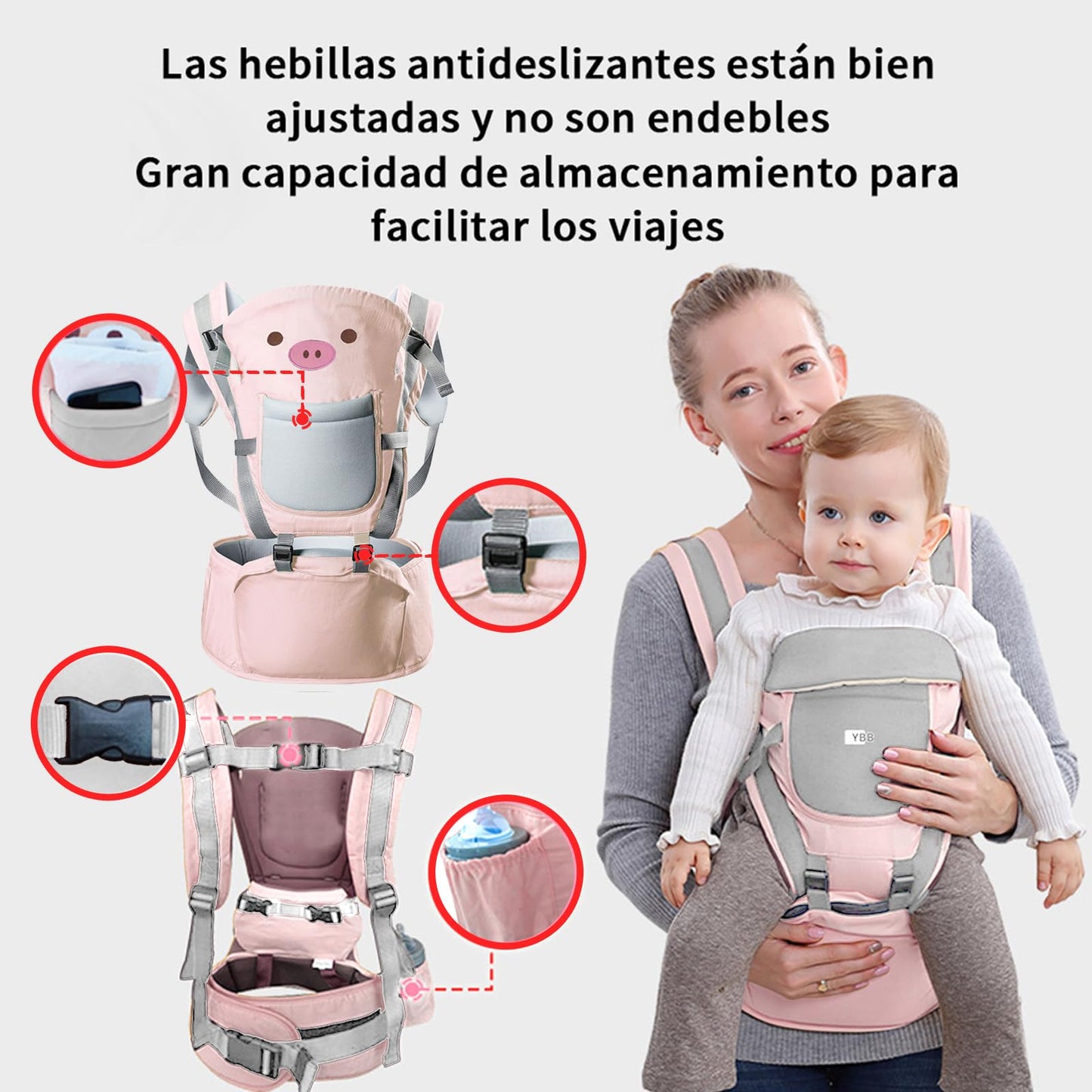 FINYQBET Cangurera Portabebé Mochila Multifuncional Con Asiento Bebé rosa，10 en 1 Portabebés Transpirable para Niños de 0 a 40 Meses, 25 kg Máx, con Bolsillos y Capucha