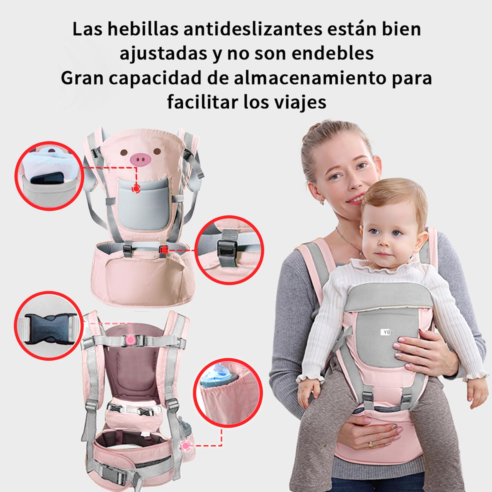 FINYQBET Cangurera Portabebé Mochila Multifuncional Con Asiento Bebé rosa，10 en 1 Portabebés Transpirable para Niños de 0 a 40 Meses, 25 kg Máx, con Bolsillos y Capucha