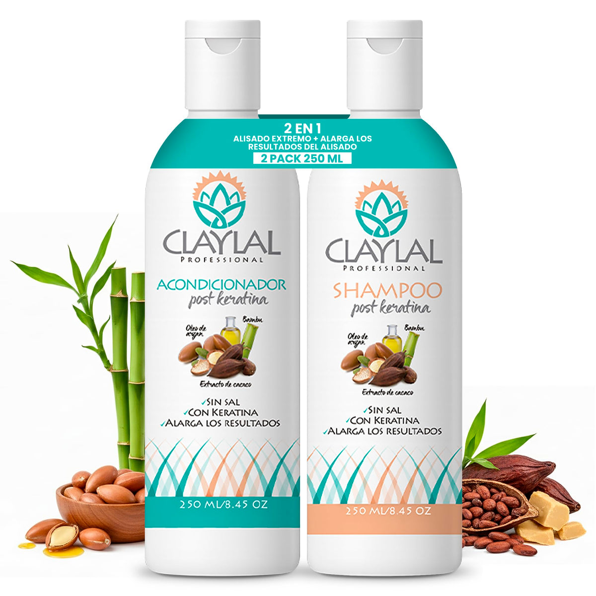 Claylal Professional | Shampoo y Acondicionador Post keratina 250ml c/u | Sin Sal | Tratamiento Post Alaciado con Cacao, Bambú y Aceite de Argán | Hidrata, Repara y Prolonga el Alaciado