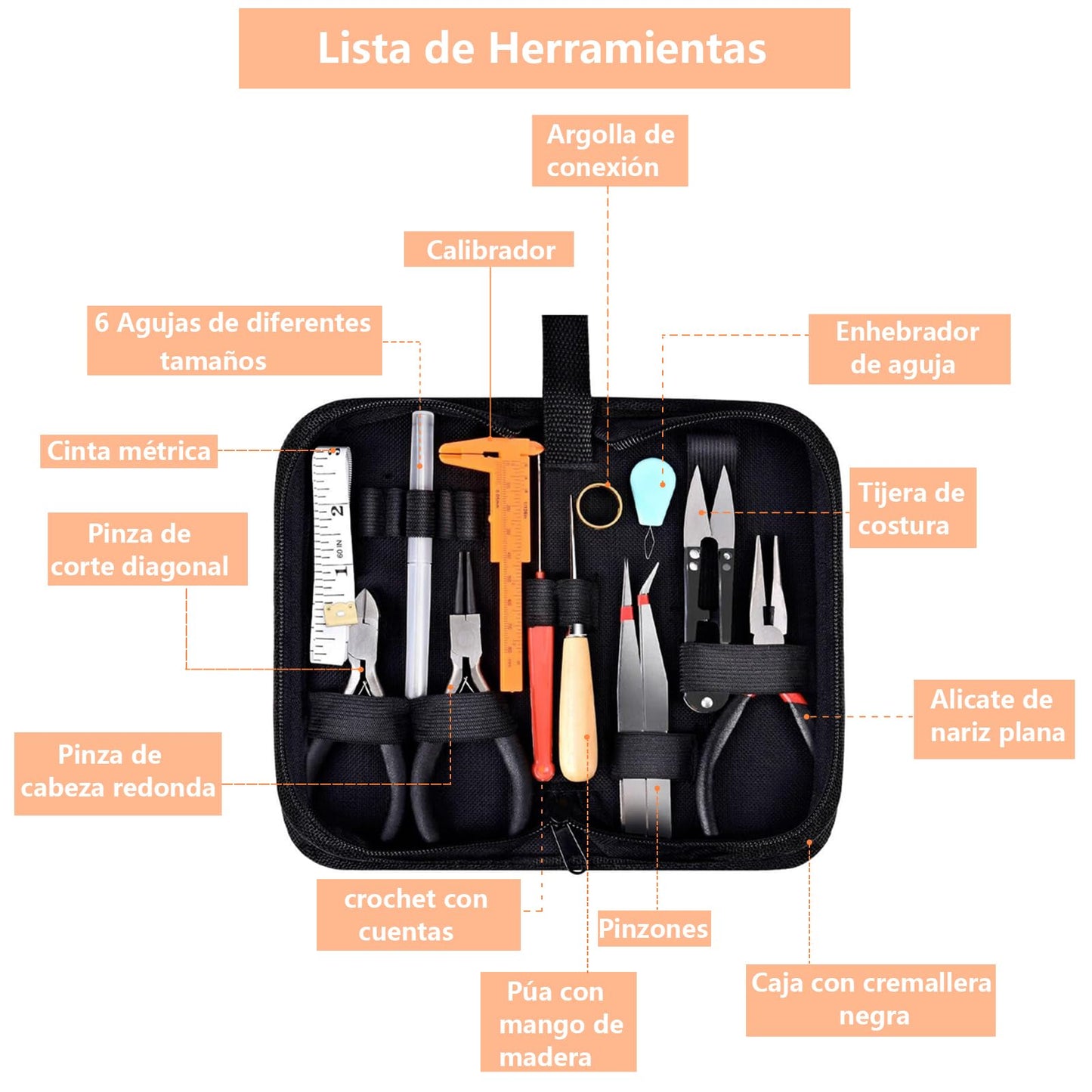 Juego de Alicates de Joyería para Hacer Joyas, Kit de Pinzas para Bisuteria Herramientas Con Bolso Portátil con Cremallera
