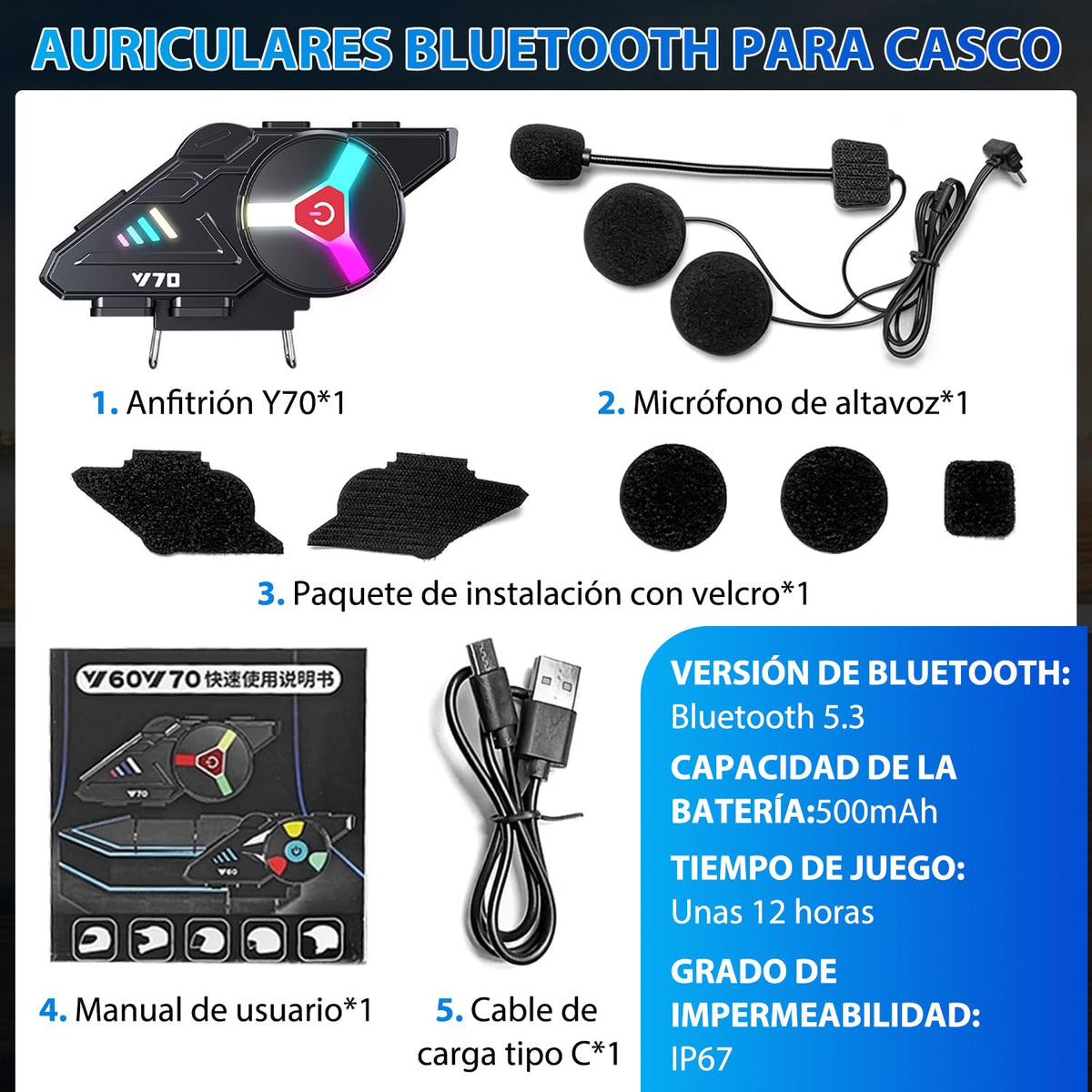 Auricular Bluetooth Motocicleta IP67 Negro Intercomunicado 5.3 Conexión Dual
