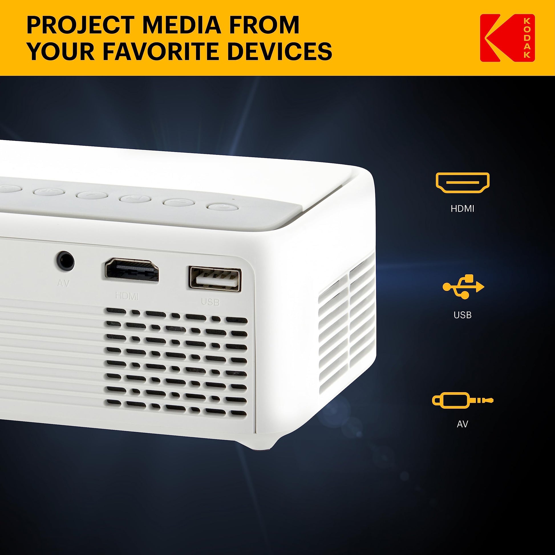 KODAK FLIK X1 Mini proyector Pico | Proyector portátil compacto de 100 pulgadas con control remoto y altavoces de 2 W reproduce películas, programas de televisión y juegos, compatible con HDMI, USB, AV, smartphone, Firestick, color blanco