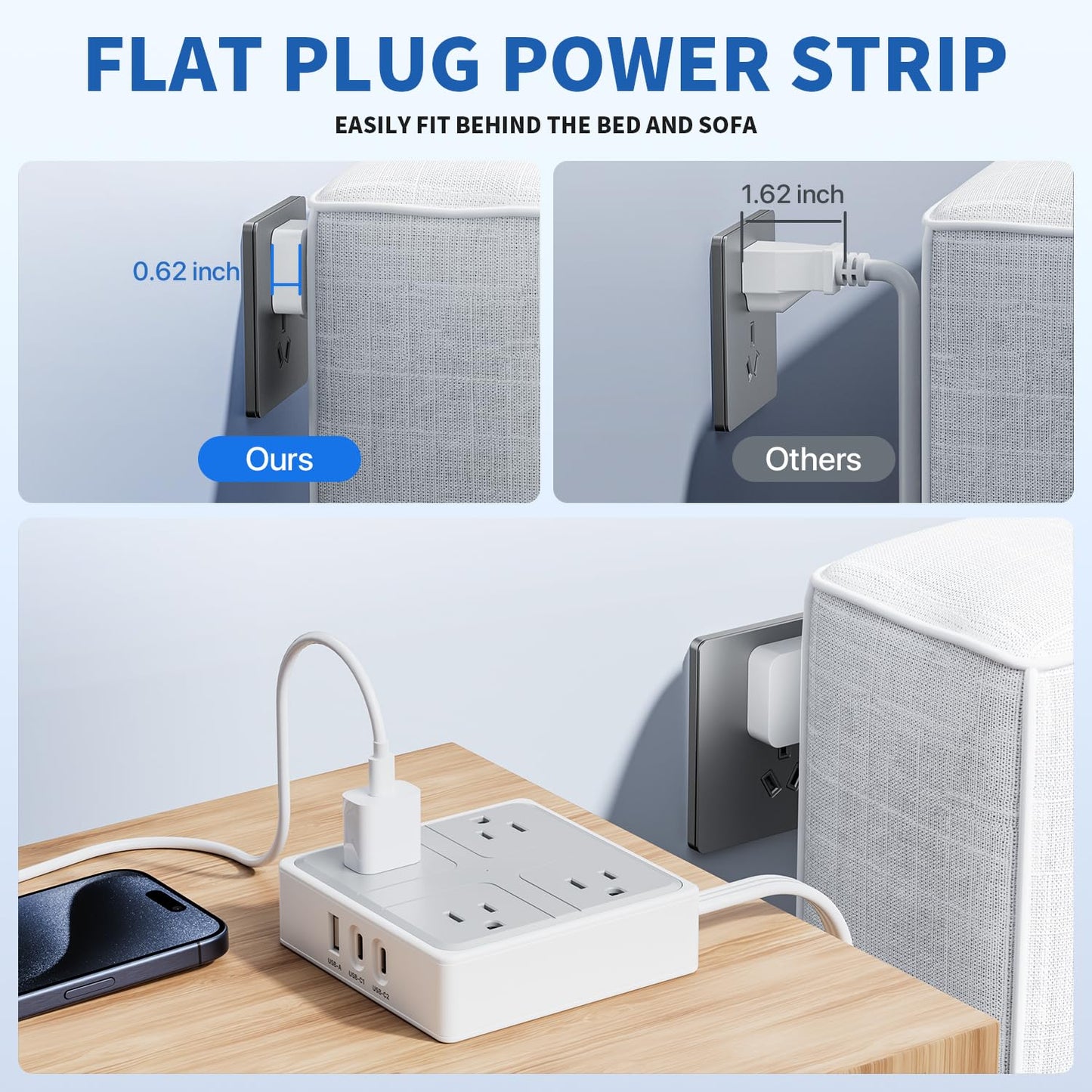 WENTONG Regleta Multicontacto Enchufe Plano, 1.2M Extension Electrica con 4 Salidas CA y 3 Puertos USB，Conector Multiple con Multicontacto USB C, Hogar Oficina Dorm Crucero Travel Essentials