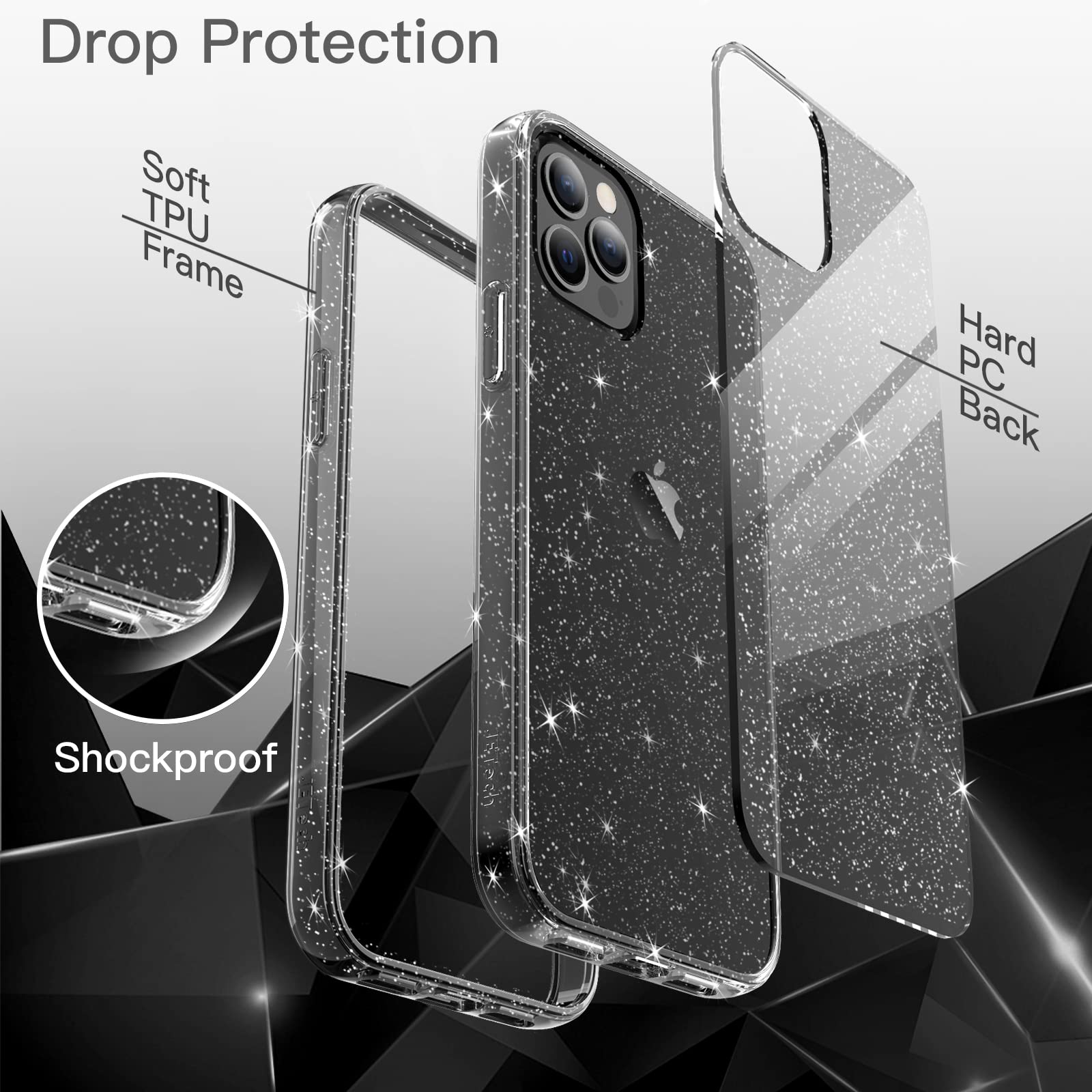 JETech Funda Glitter para iPhone 12/12 Pro, 6,1 Pulgadas, Carcasa Teléfono Bumper Antigolpes Bling Sparkle, Cute Brillante para Niñas y Mujeres (Negro)