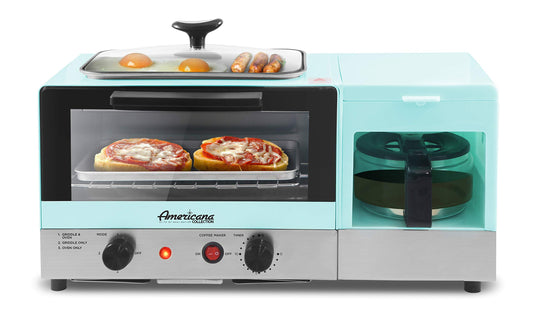 Elite Gourmet EBK8810BL# Americana 2 Slice, 9.5" Griddle with Glass Lid 3-in-1 Breakfast Center Station, 4-Cup Coffeemaker, Toaster Oven with 15-Min Timer, Heat Selector Mode, Blue