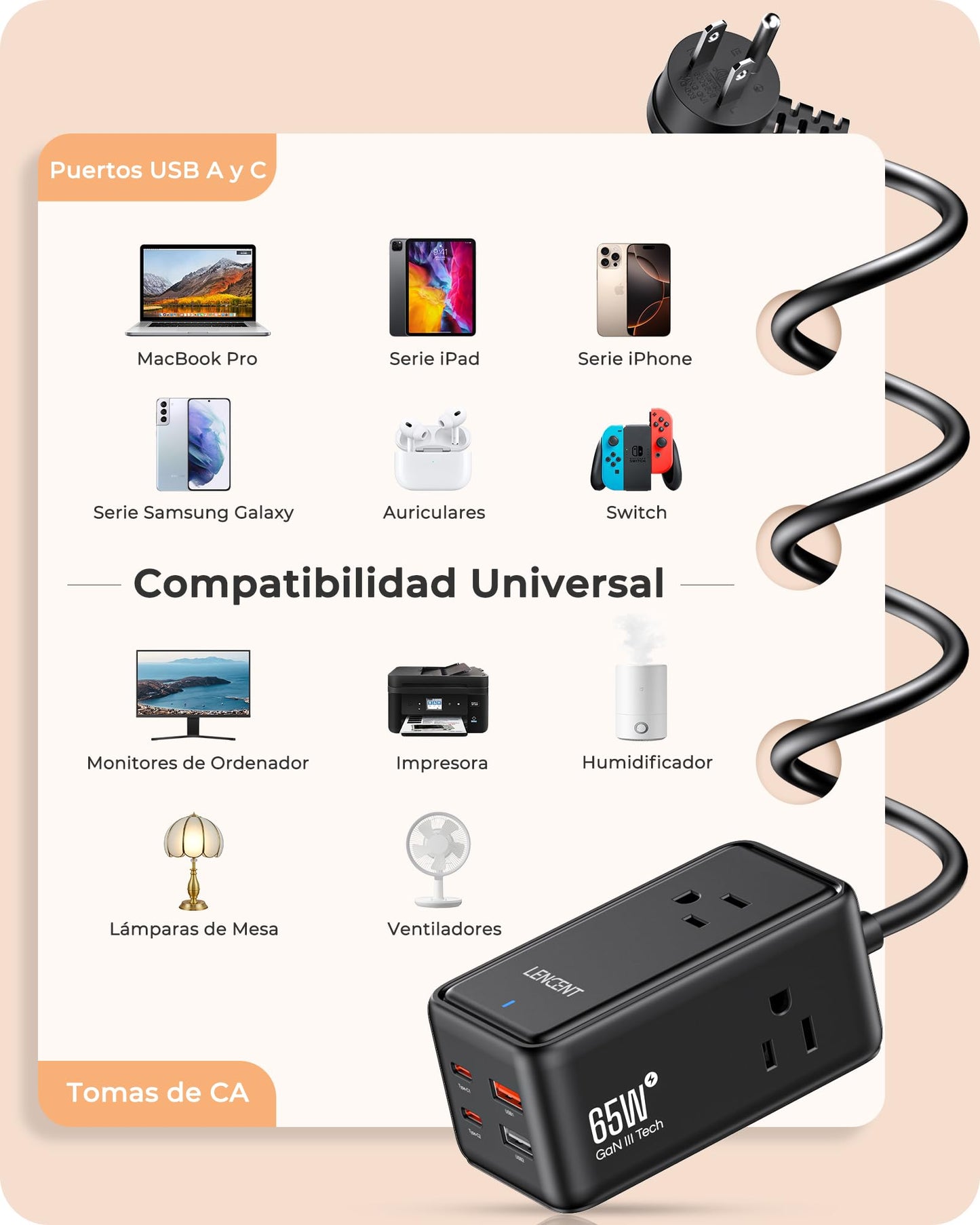 LENCENT Cargador USB C y PD 65W, Cargador Rápido GAN III Tech con 3 Tomas CA + 4 Puertos USB, Estación de Carga USB C de Cable para iPhone, iPad, Macbook, Galaxy, Huawei, Switch y más, Negro