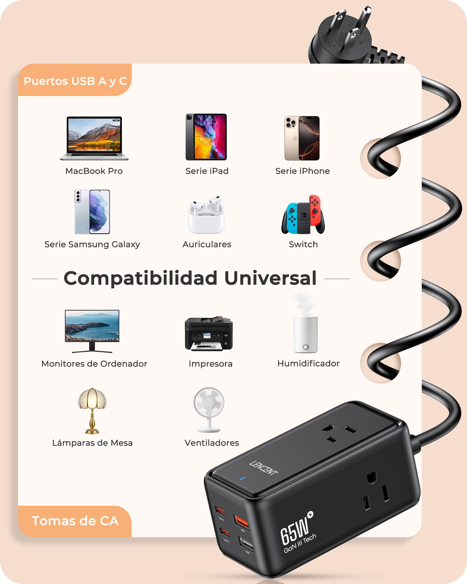 LENCENT Cargador USB C y PD 65W, Cargador Rápido GAN III Tech con 3 Tomas CA + 4 Puertos USB, Estación de Carga USB C de Cable para iPhone, iPad, Macbook, Galaxy, Huawei, Switch y más, Negro
